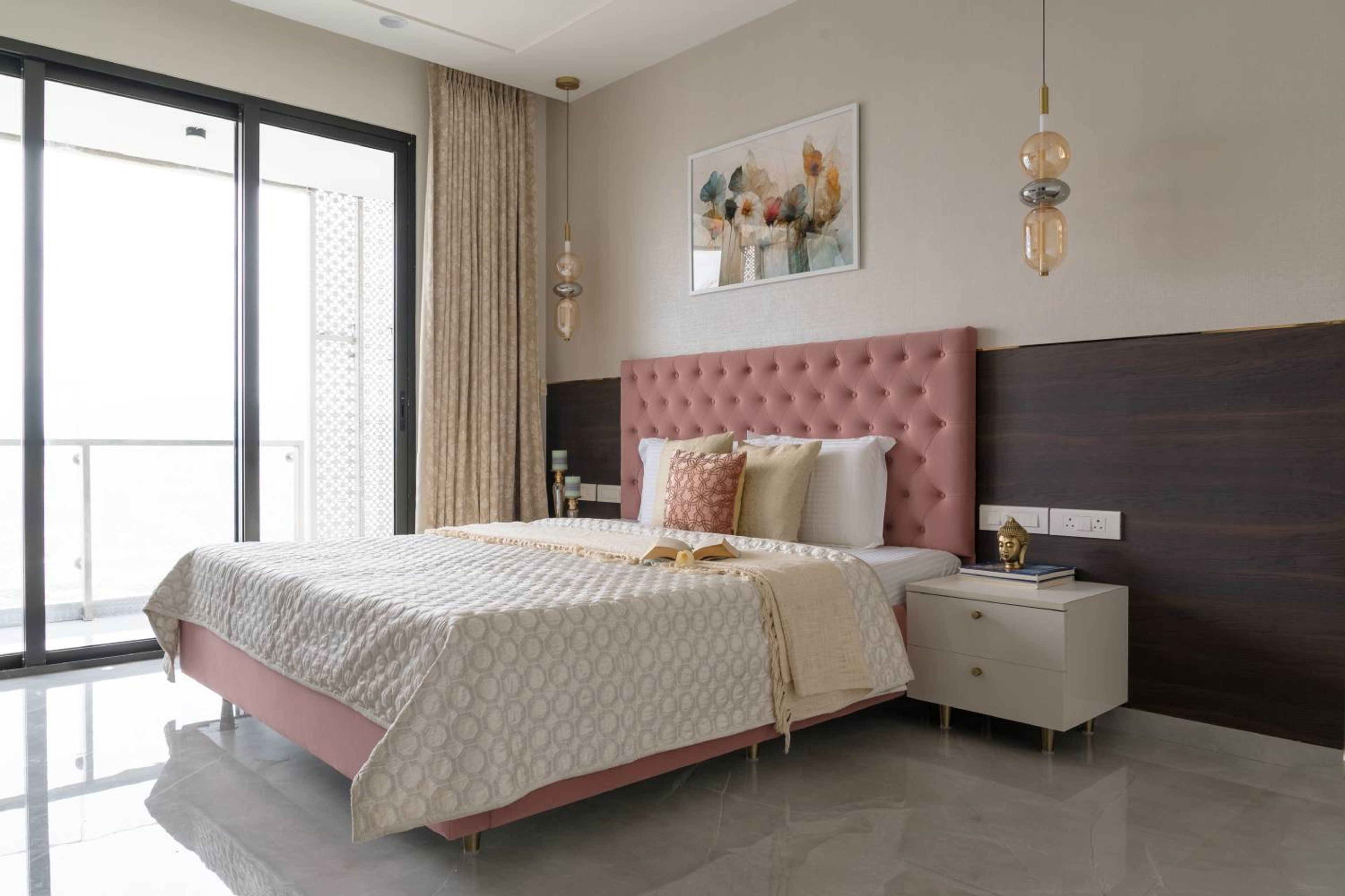 Master Bedroom Design with King Bed and Wooden Wall Panel