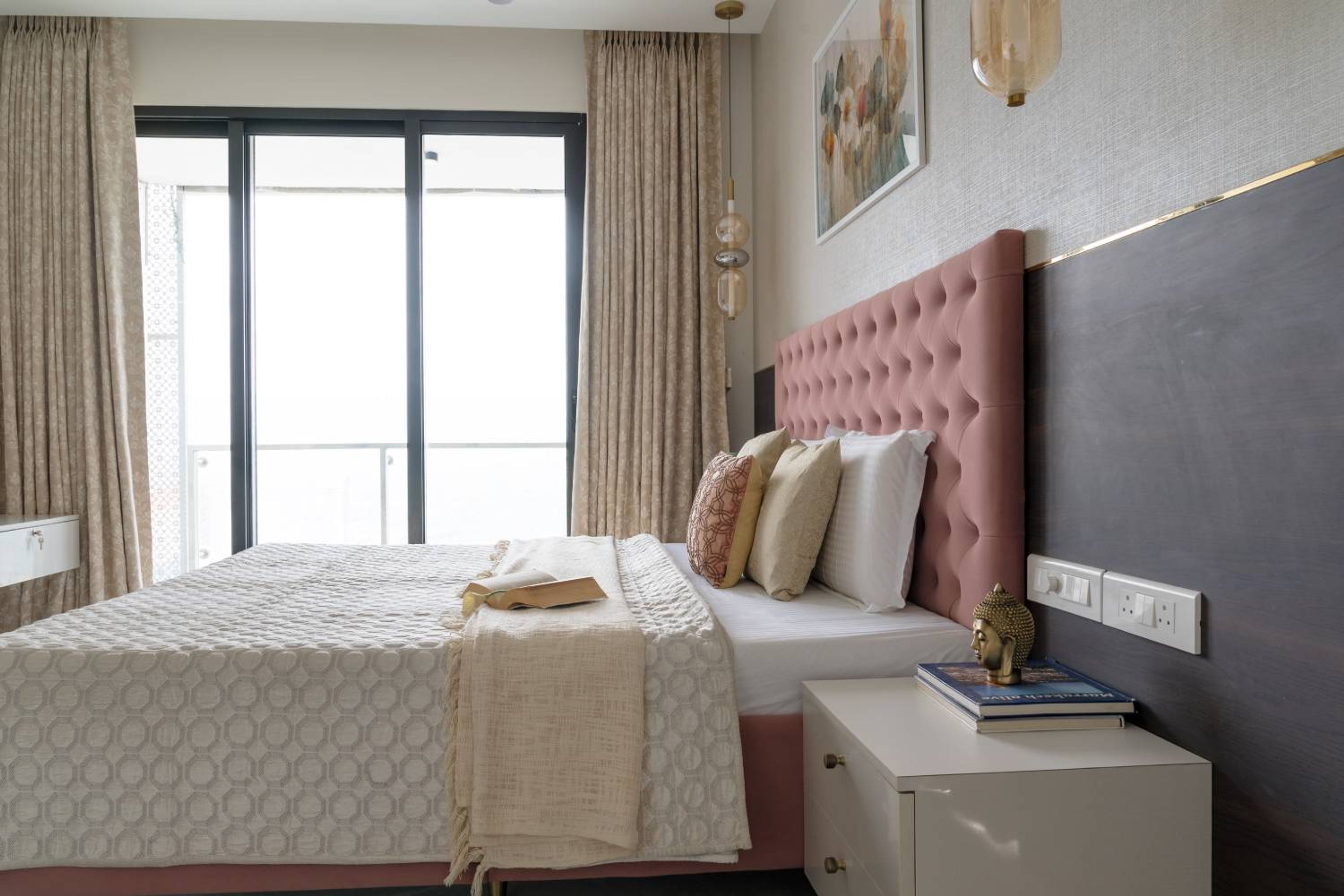 Bedroom Design with Peach Headboard Bed and Wooden Wall