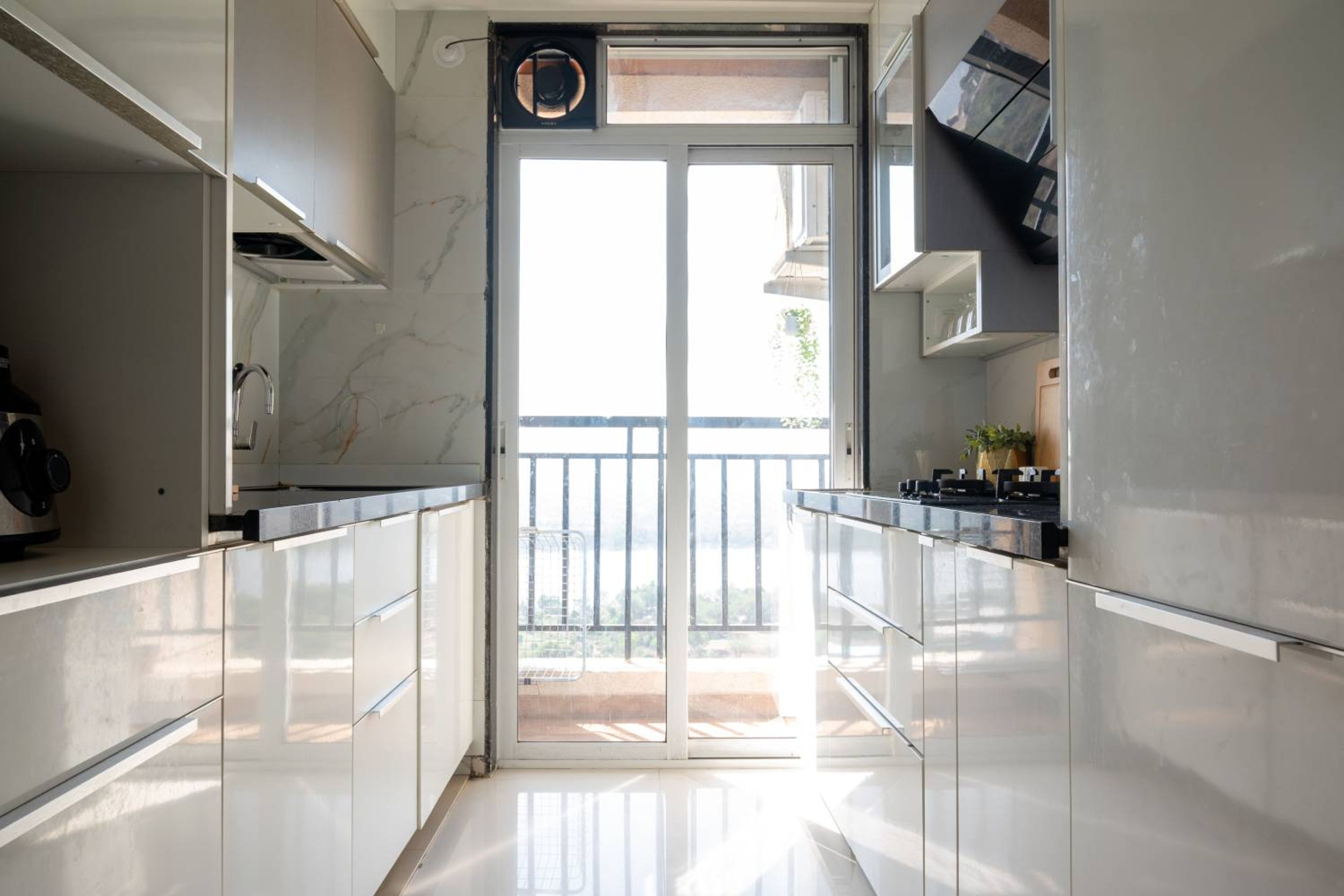 Parallel kitchen design with off-white units