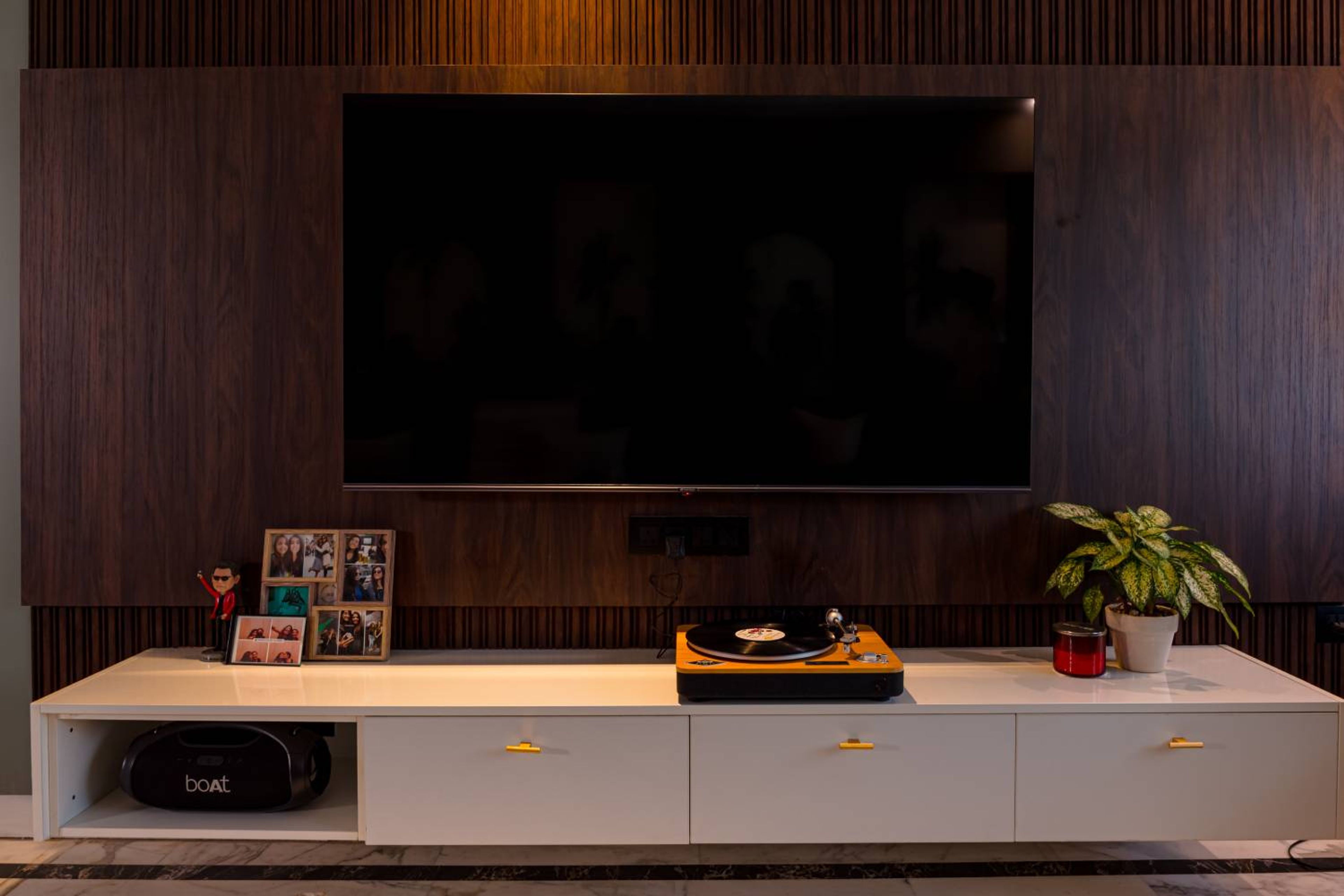 Wooden TV Unit Design with White Drawers