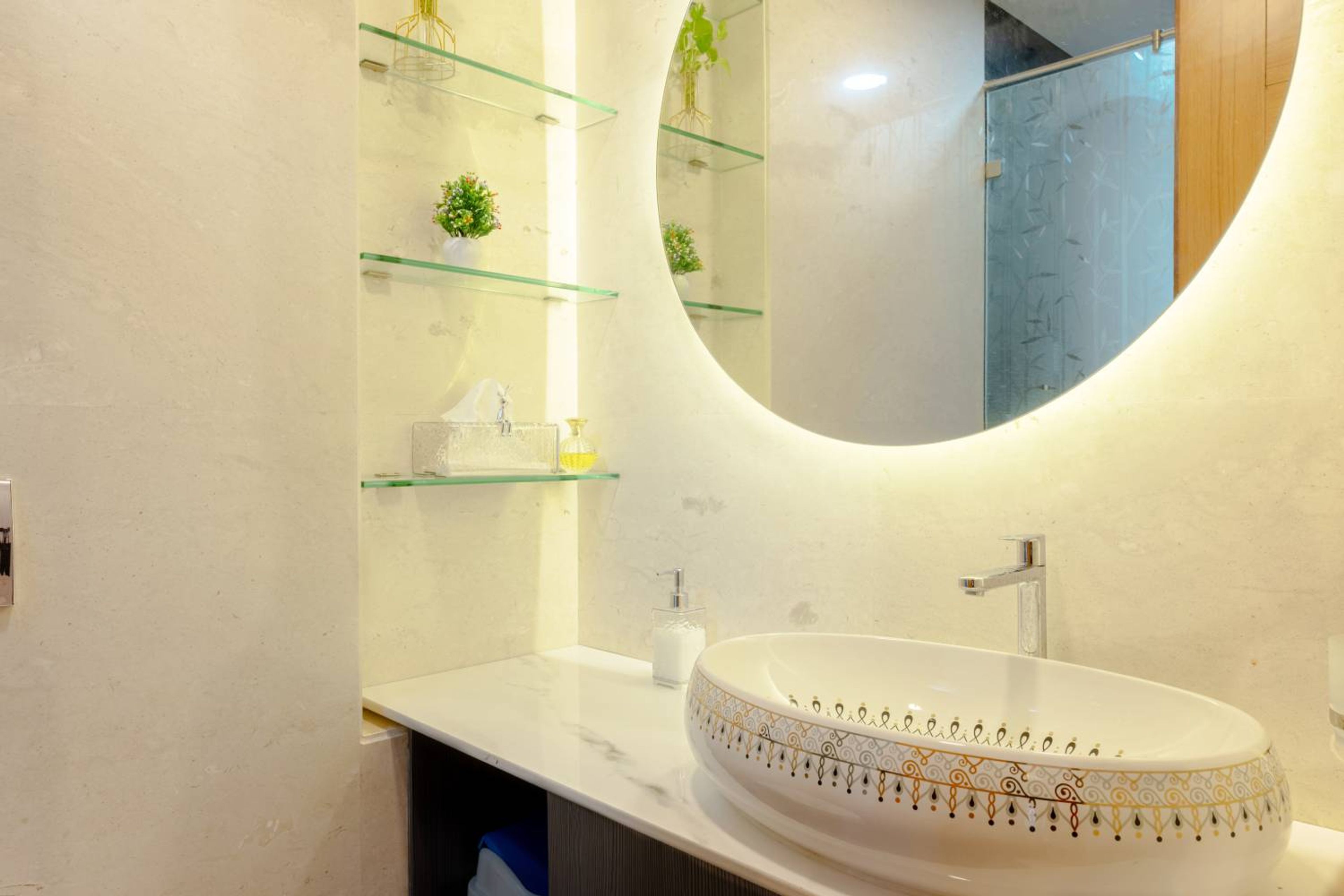 Bathroom Design with Round Mirror and Oval Sink