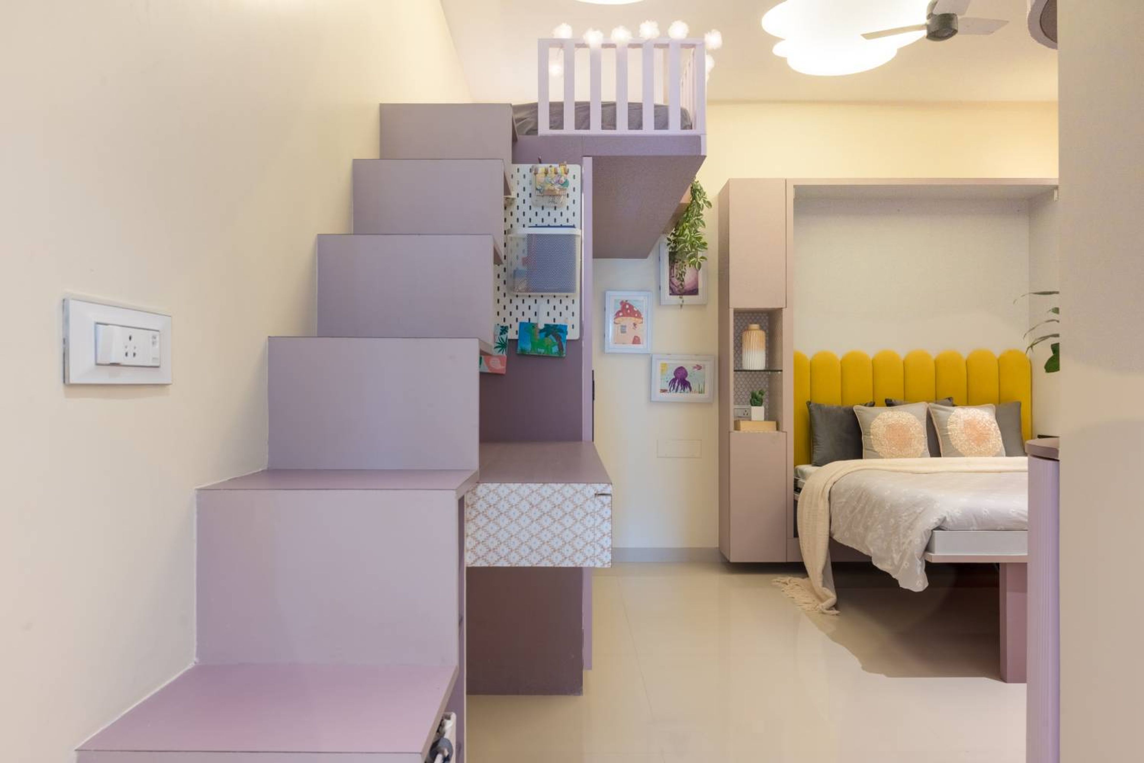 Kids bedroom design with lavender stairs to bed