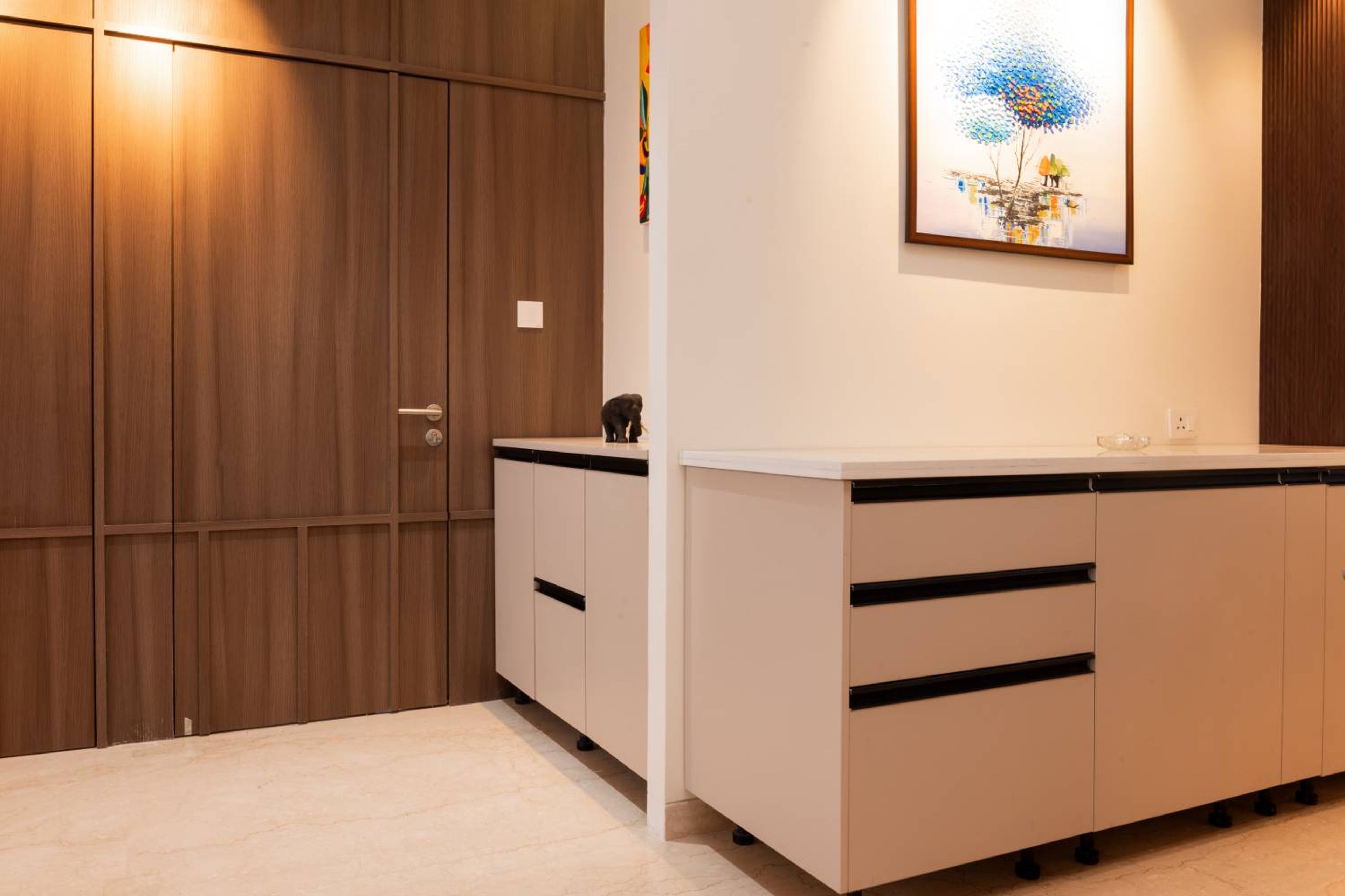 Modern Foyer Design with Pumic Grey and Suede Laminate Finish