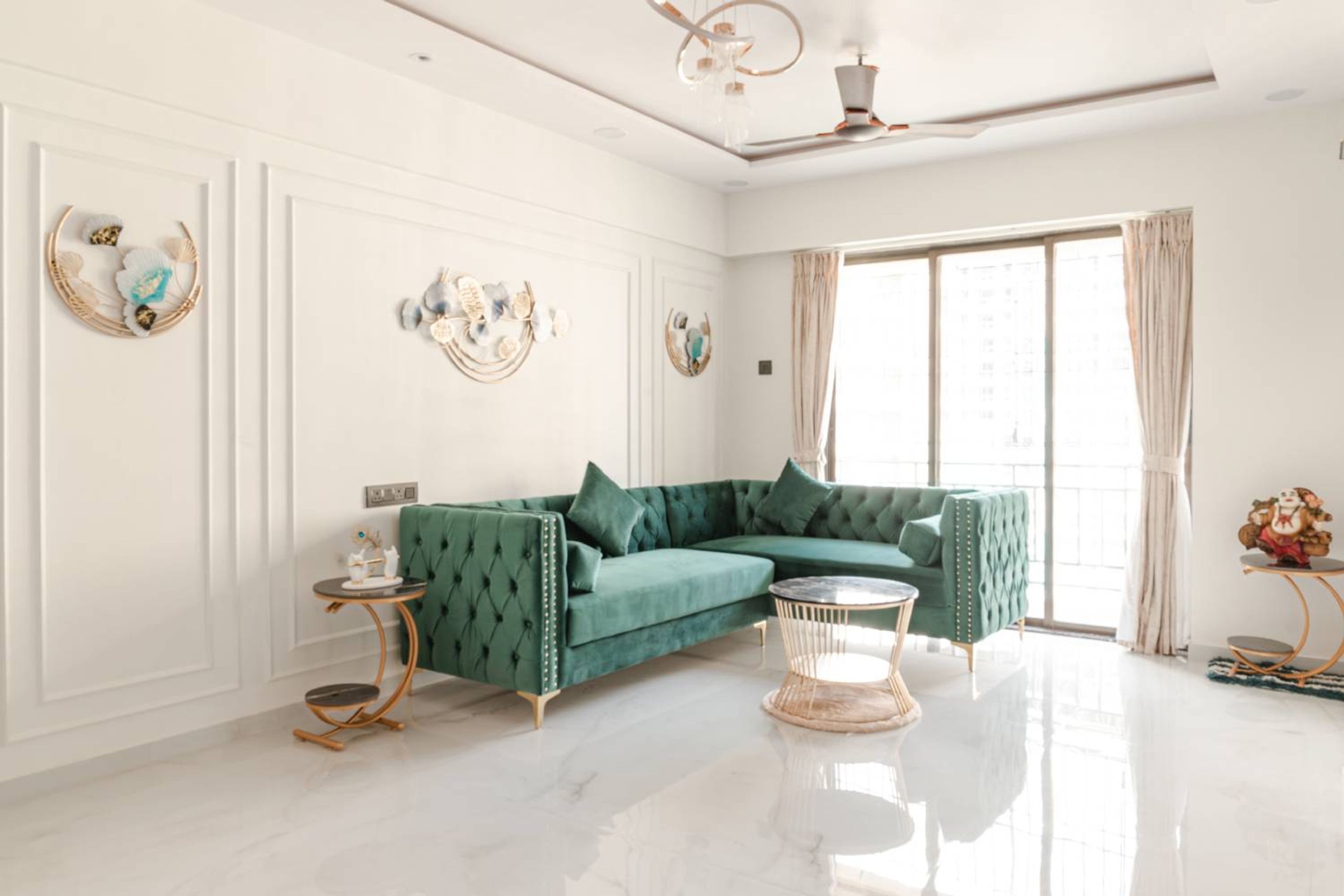 Living Room Design with Chesterfield L-shaped Sofa and Marble Table