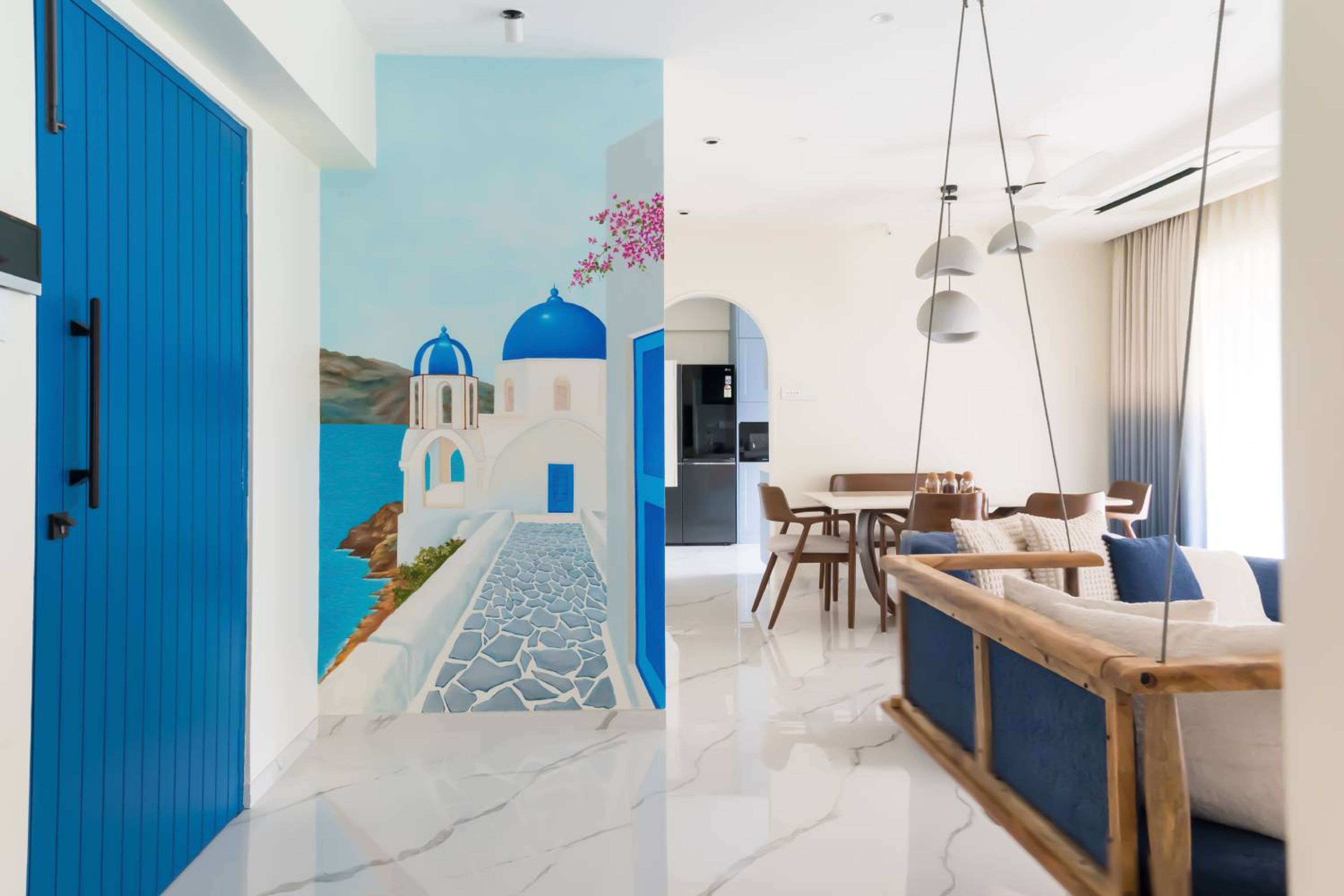 Wall Paint Design with Santorini-Inspired Blue and White Mural