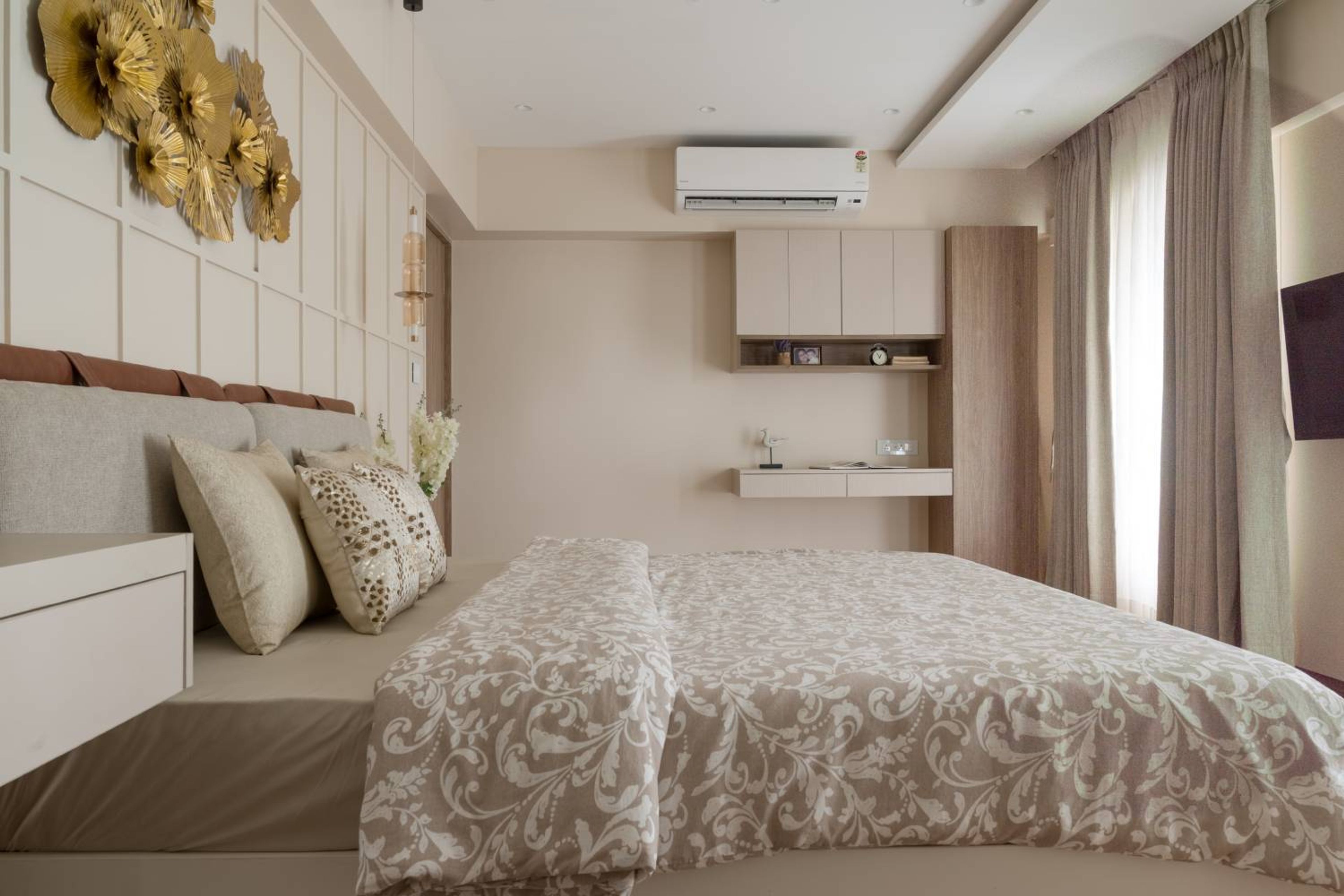 Modern Master Bedroom Design with Vertical Wood Slats and Storage Queen Bed