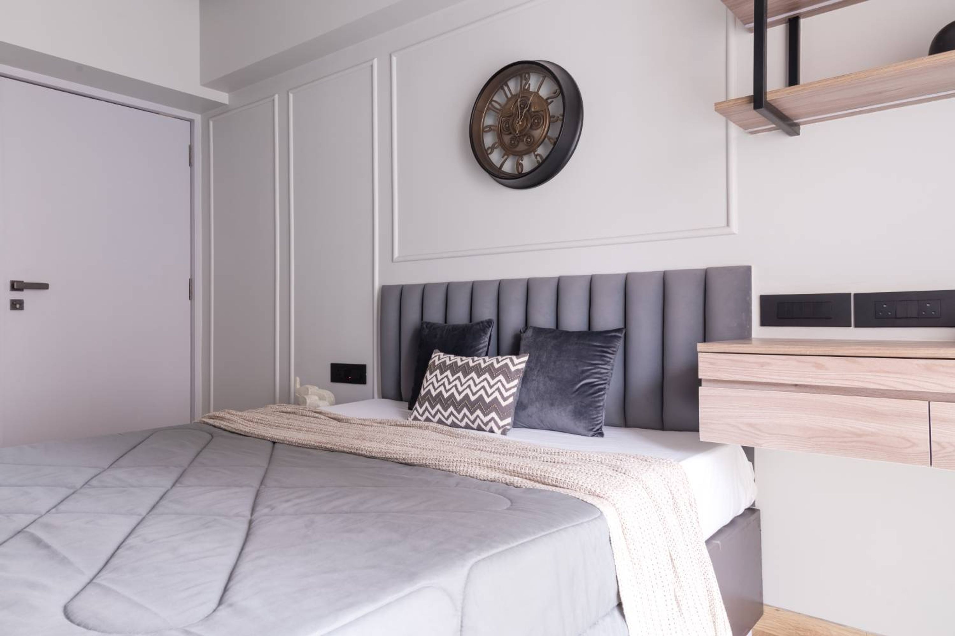 White Trim Wall Design with Soft Grey Wall Panels