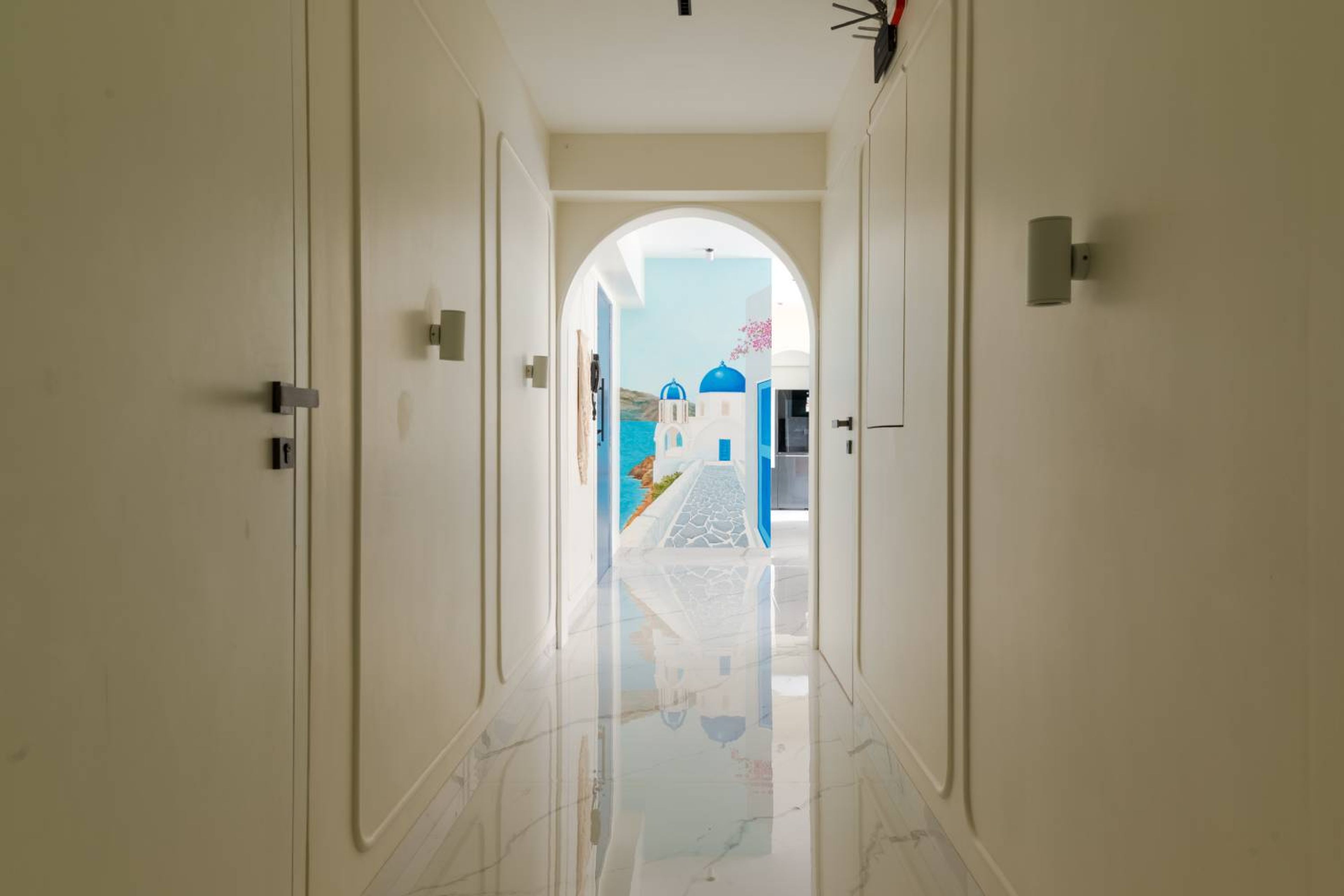 Santorini Mural Inspired Modern Corridor Wall Design with Cream Trims