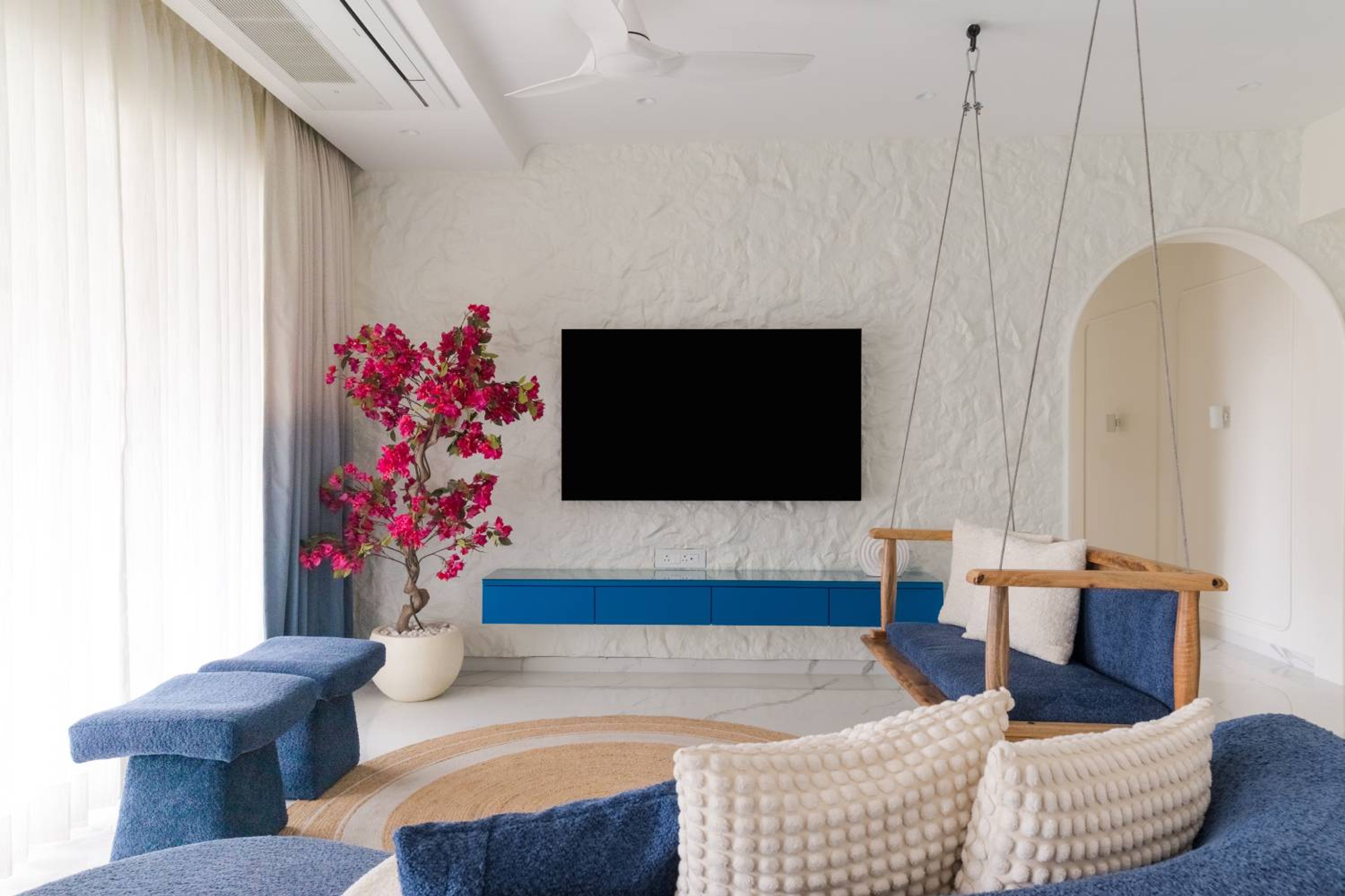 Modern Blue TV Unit Design With Floating Drawers, Glossy Cabinet and Textured Wall