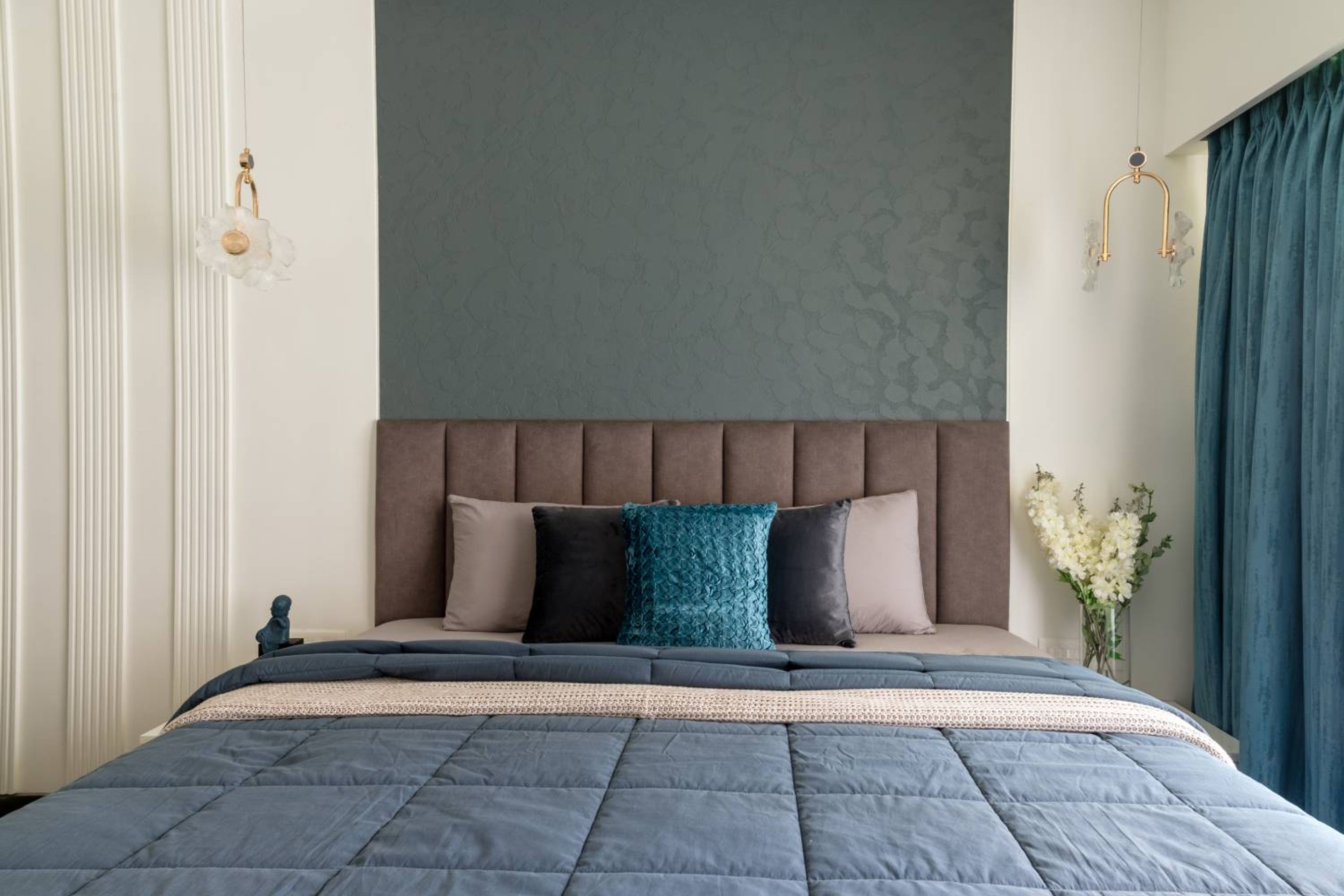 Bedroom Design with Dark Grey Wall and Tufted Headboard Bed