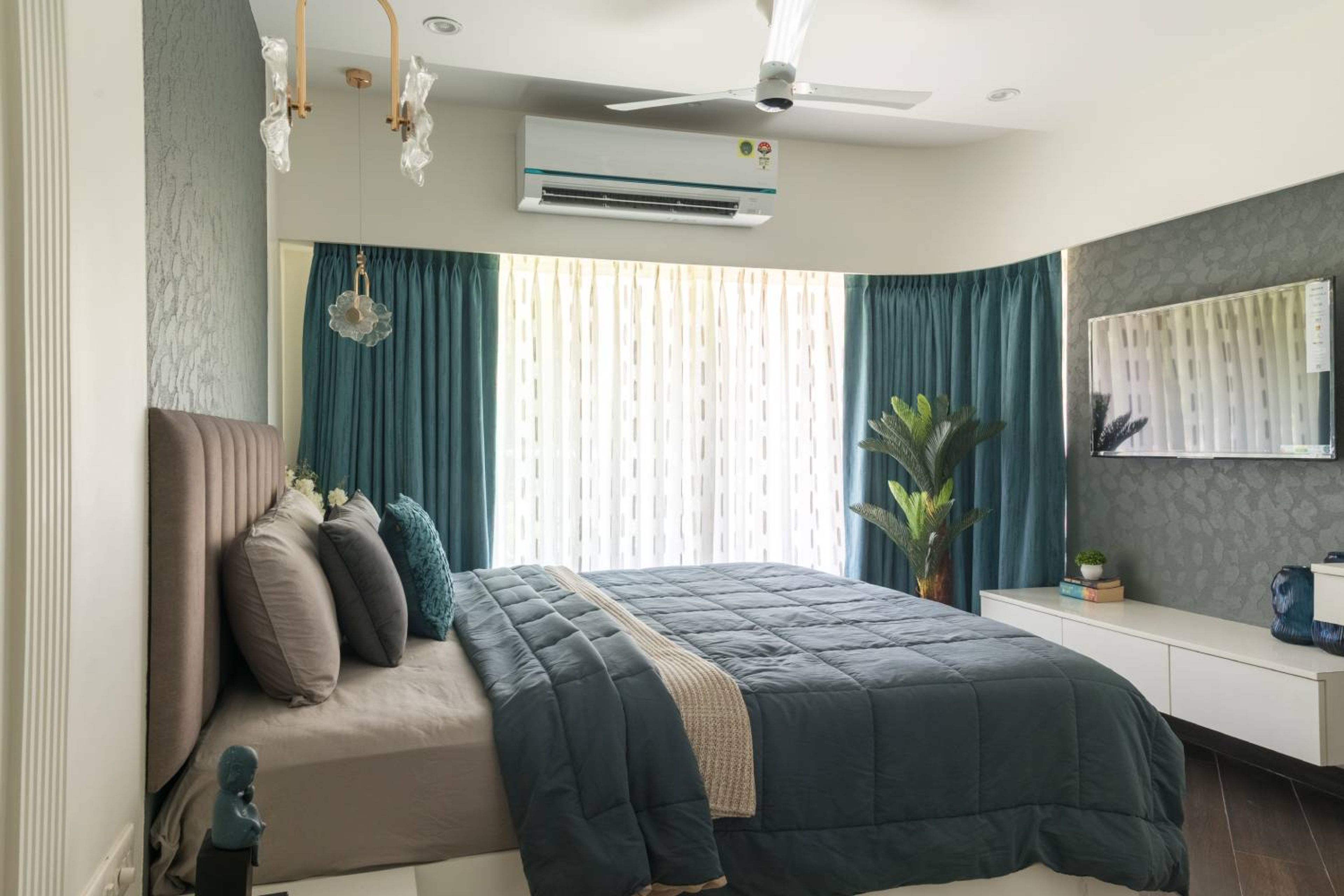 Bedroom Design with TV Unit, Dark Grey Wall and Tufted Headboard Bed