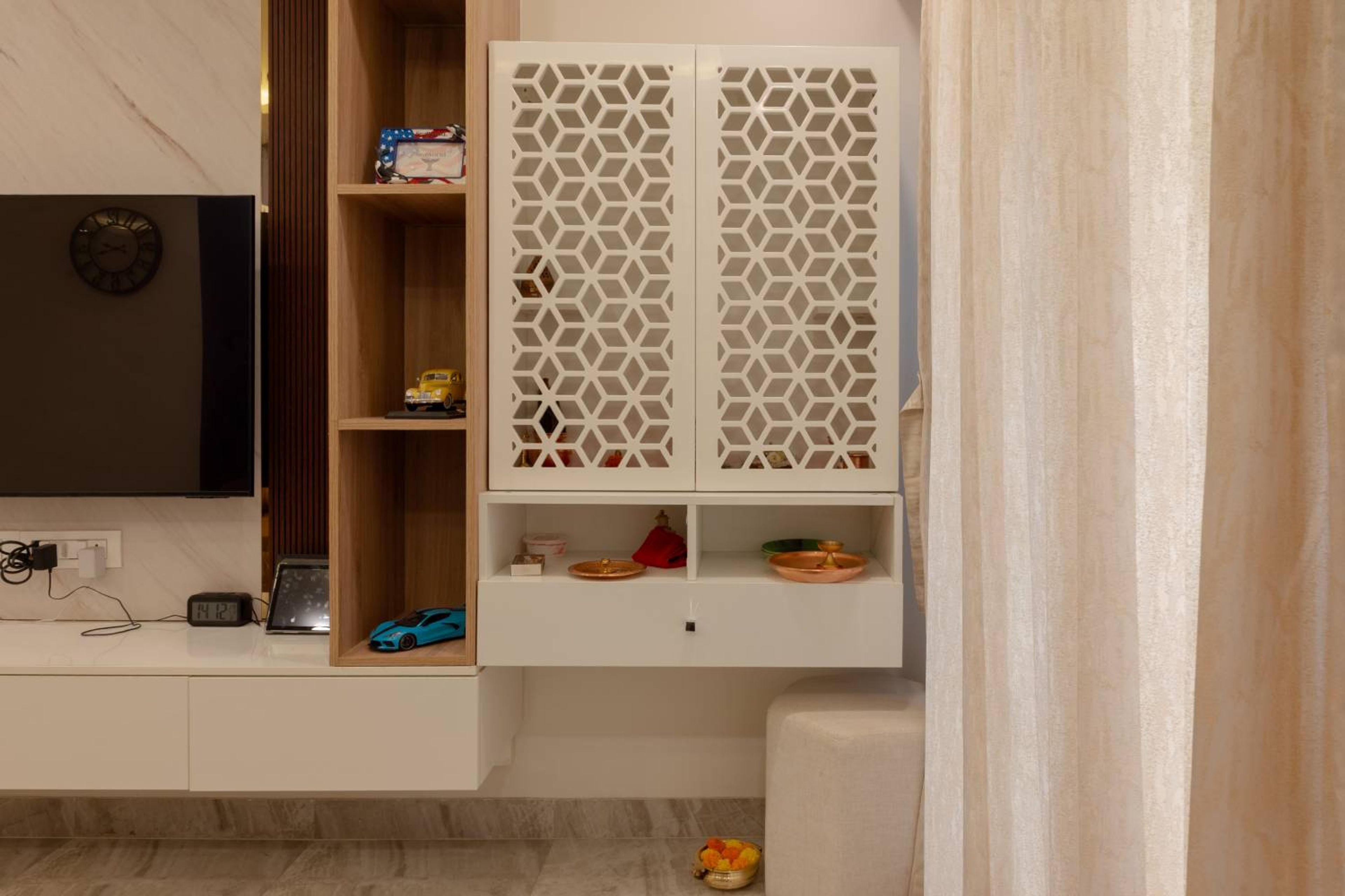 White Pooja Unit Design with CNC Cut Door