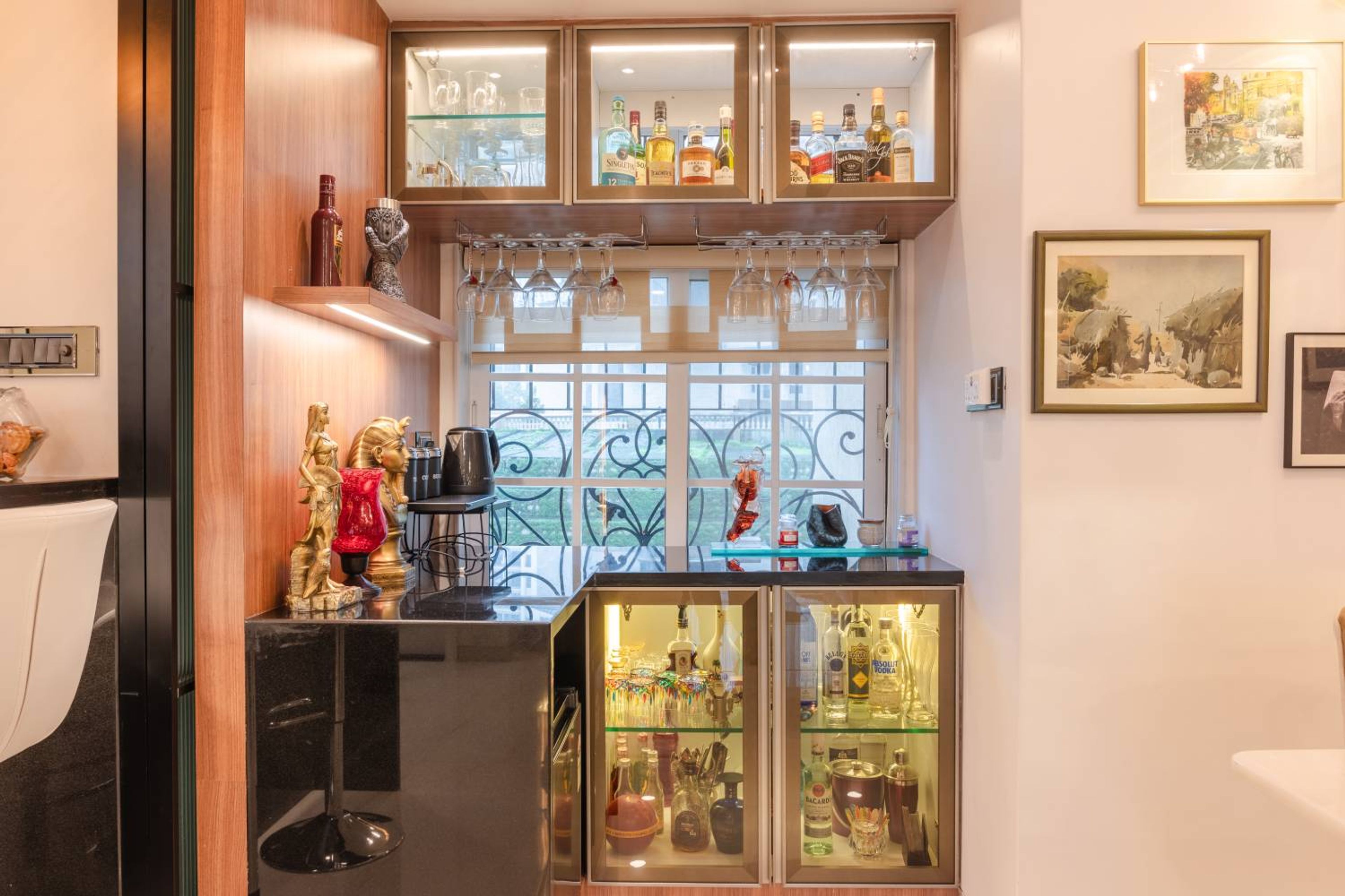 Home Bar Unit with Glass Cabinets, Loft Units and Glass Dispensers