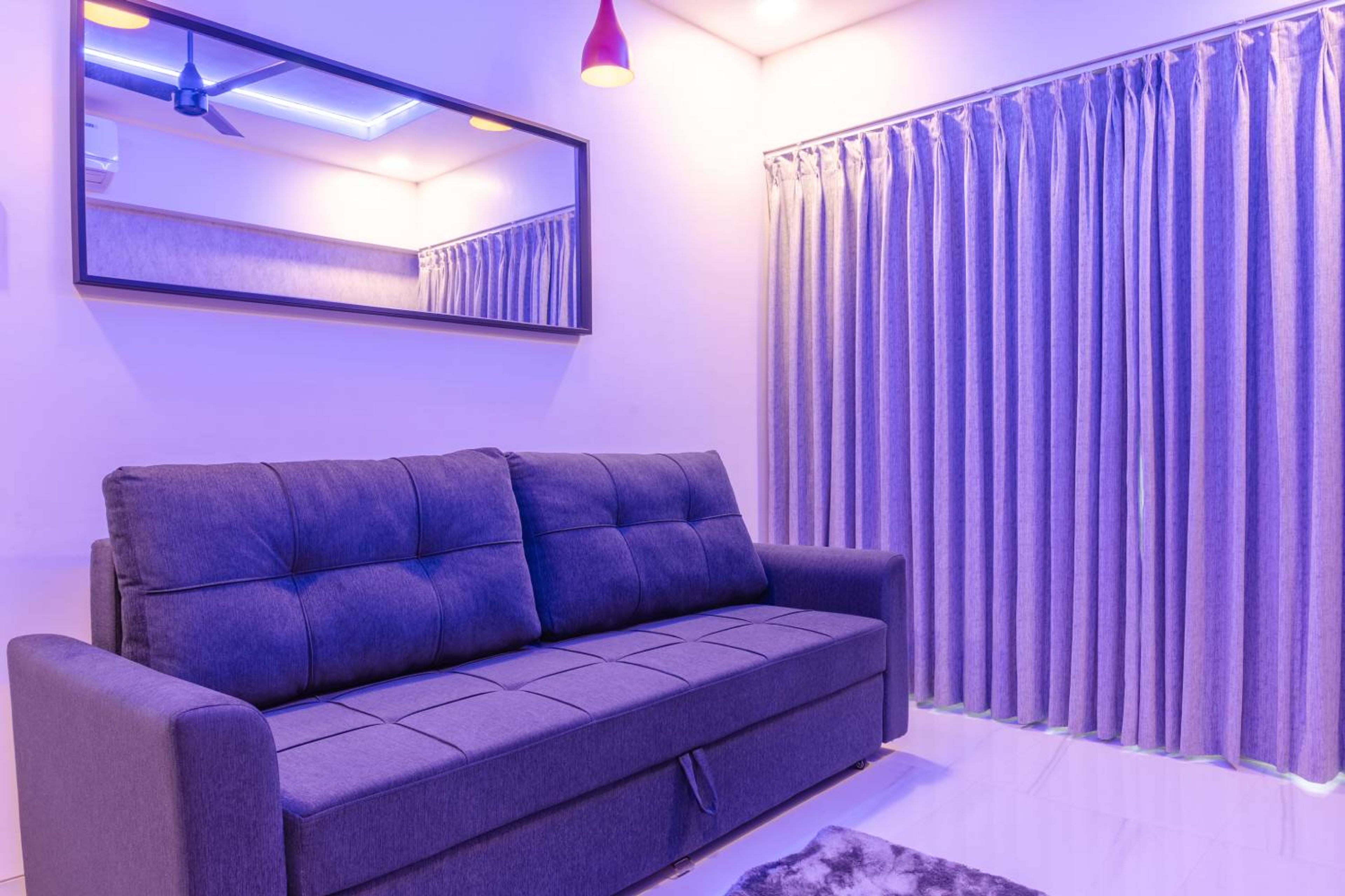Purple Walls and Sleek Sofa Space Saving Design