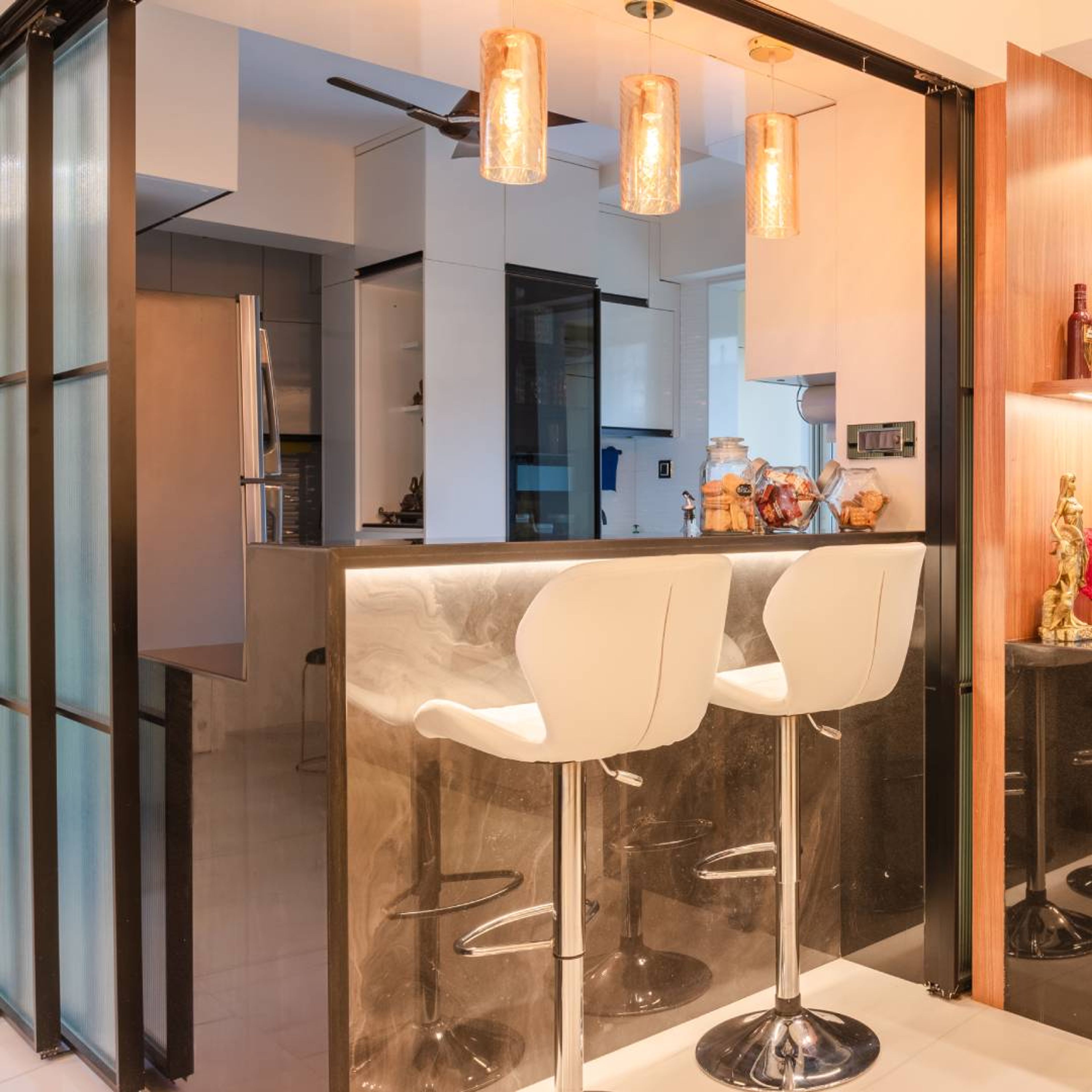 Home Bar Design with White Chairs and Profile Lighting