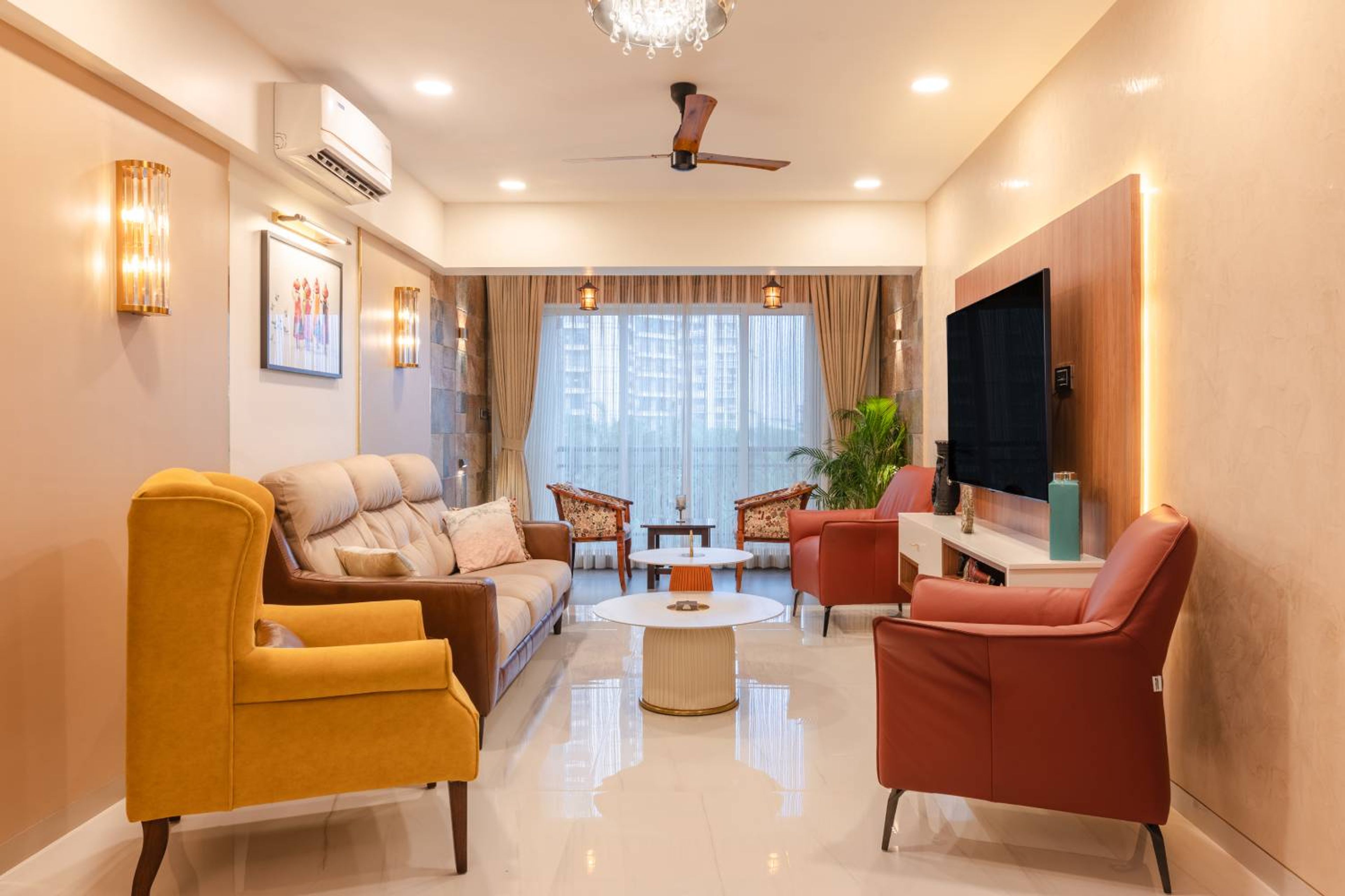 Living Room Design with 3 Seater Sofa with Cream Leather Sofa