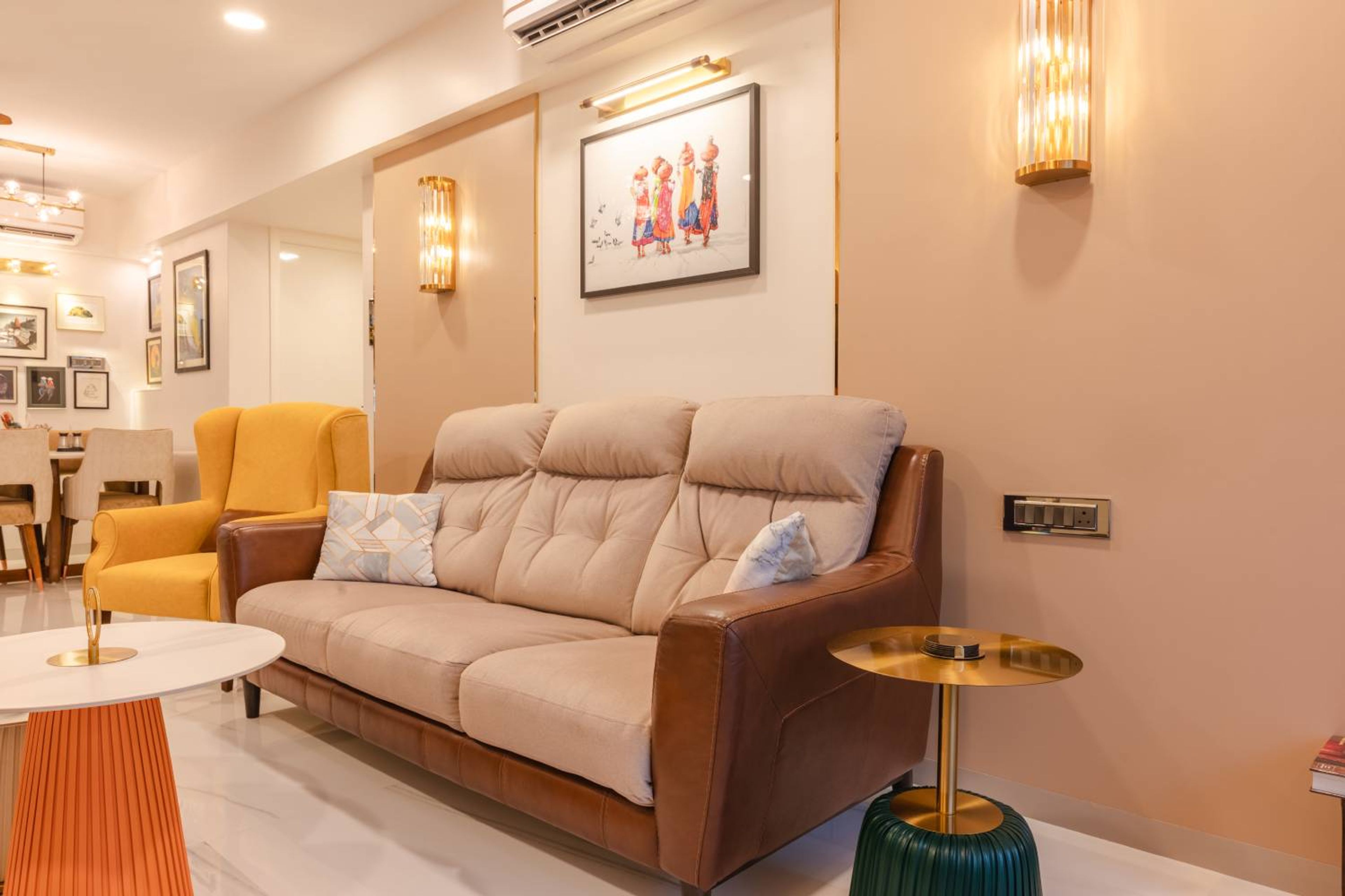 Living Room Design with Beige and Brown Leather Sofa