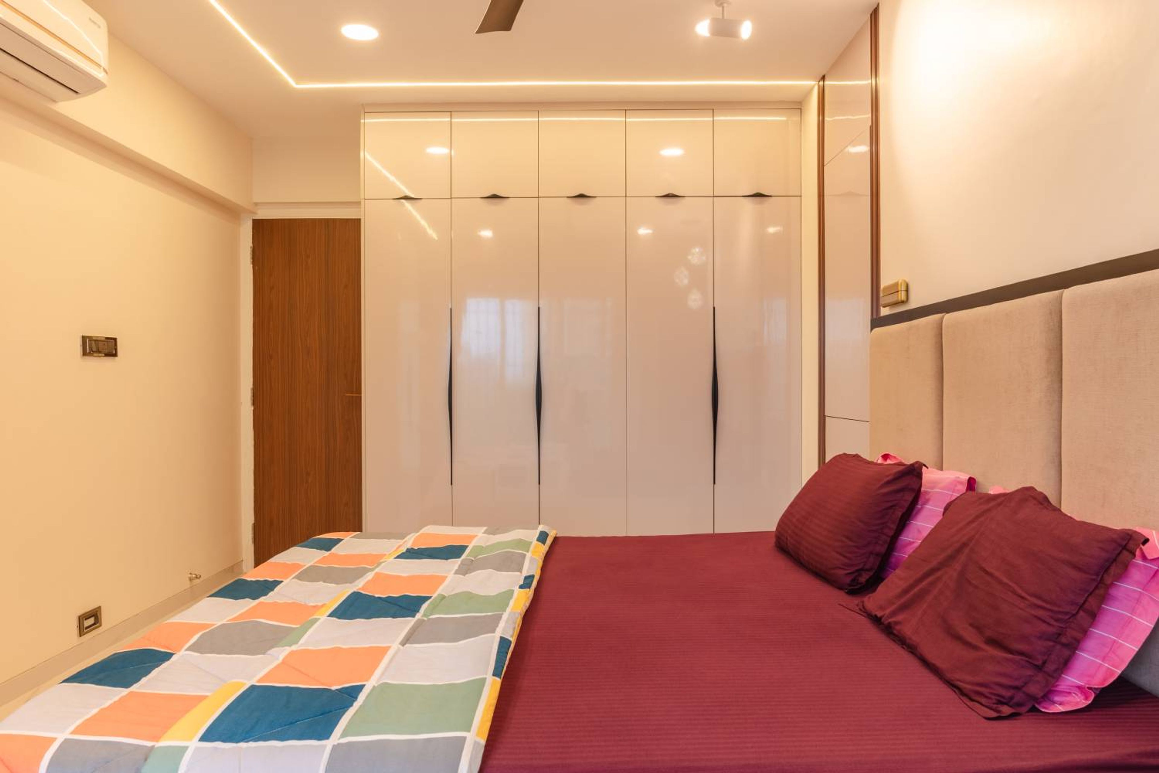 5-Door Modern White Swing Wardrobe Design with Suede Finish Shutters