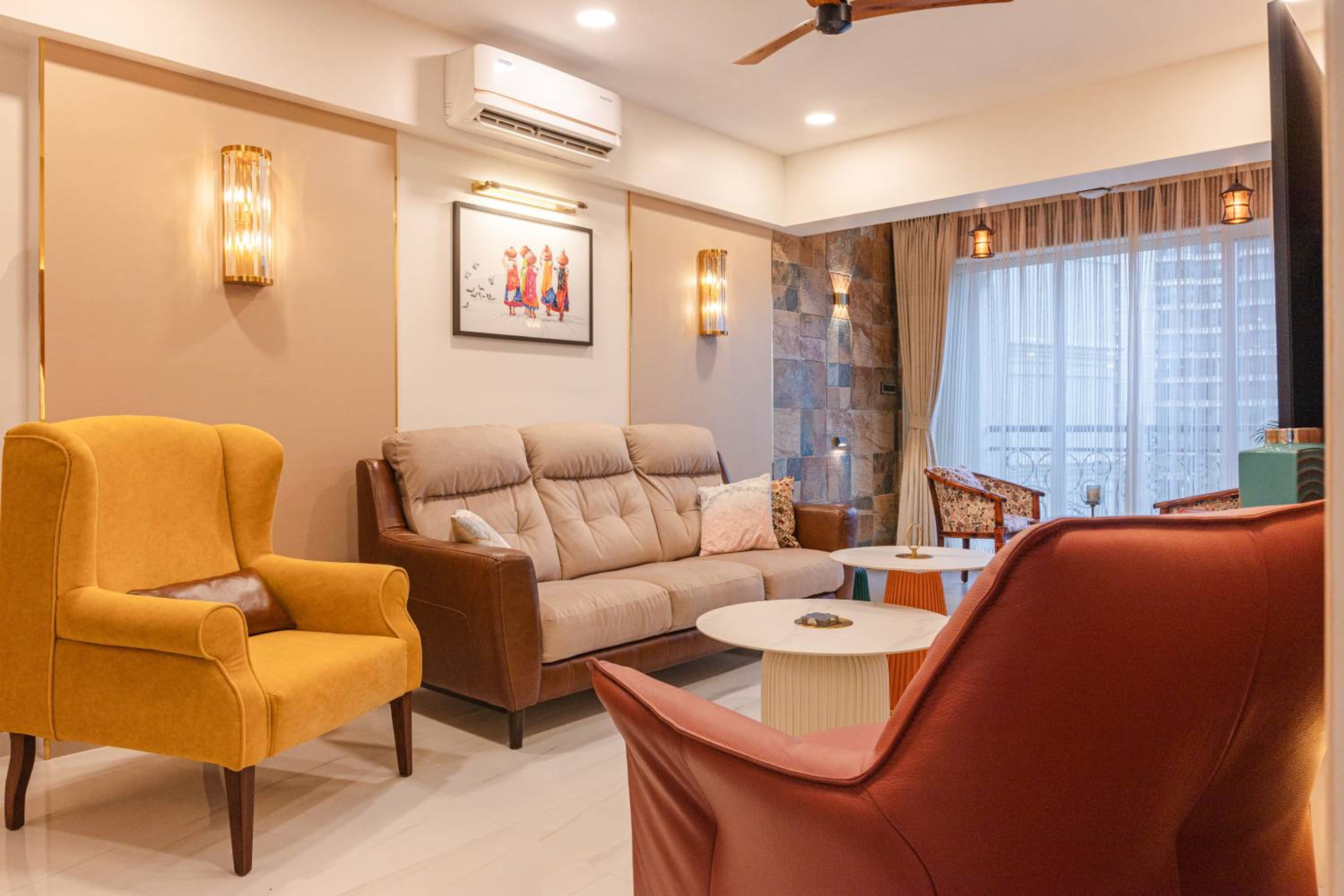 Living Room Design with Yellow Accent Chairs and Brown 2 Single Seater Sofas