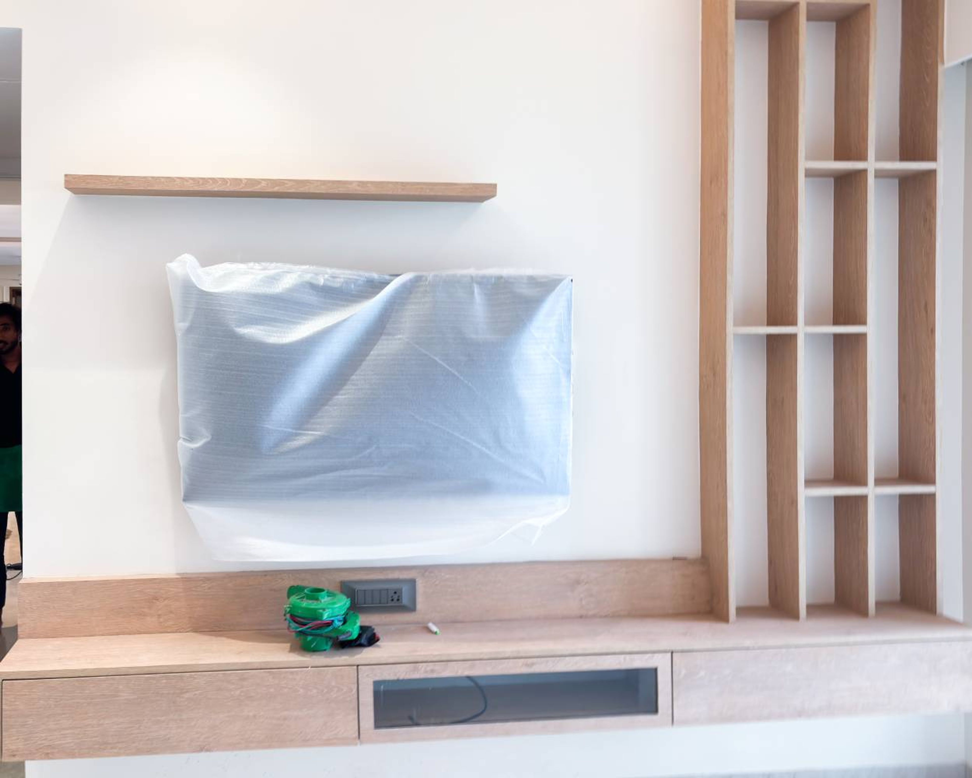 TV Unit Design with Wooden Panels and Wooden Drawers