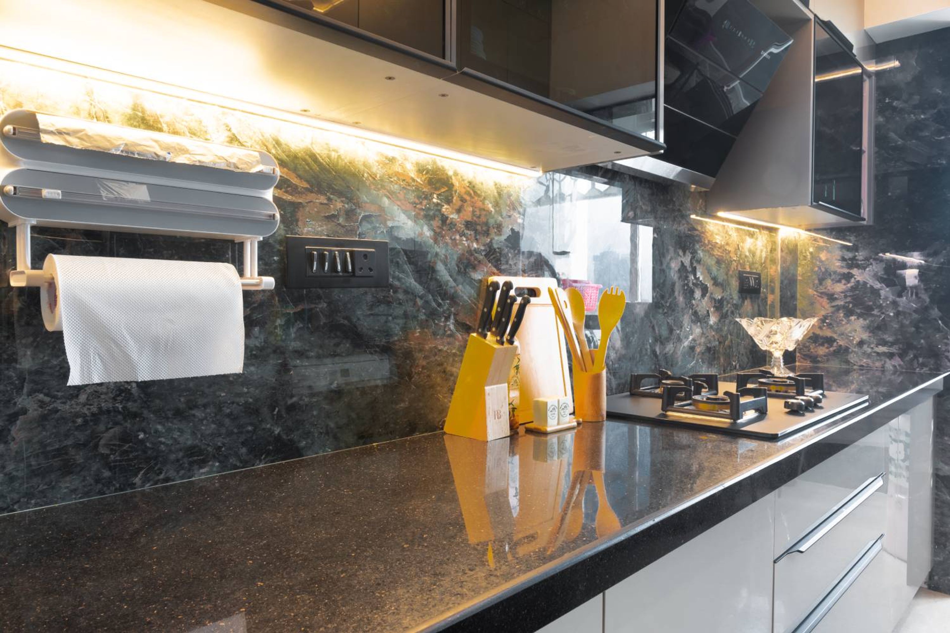 Parallel Kitchen Design with Black Granite Countertop