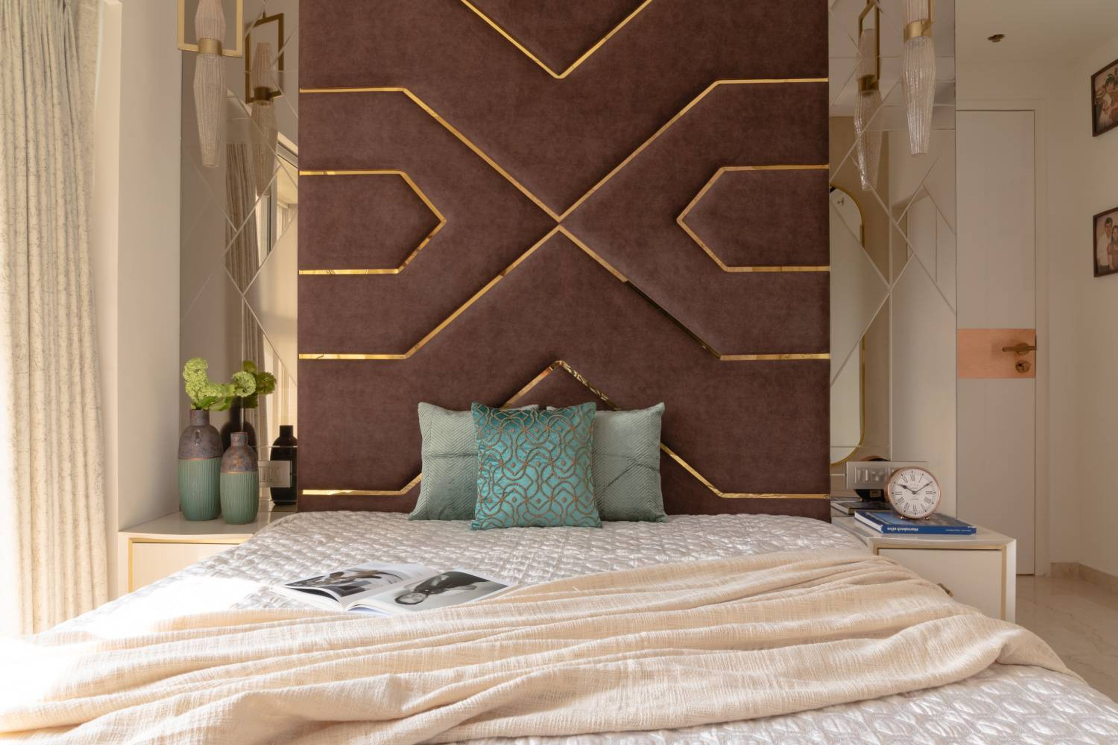 Bedroom Design with Geometric Brown Padded Headboard Wall
