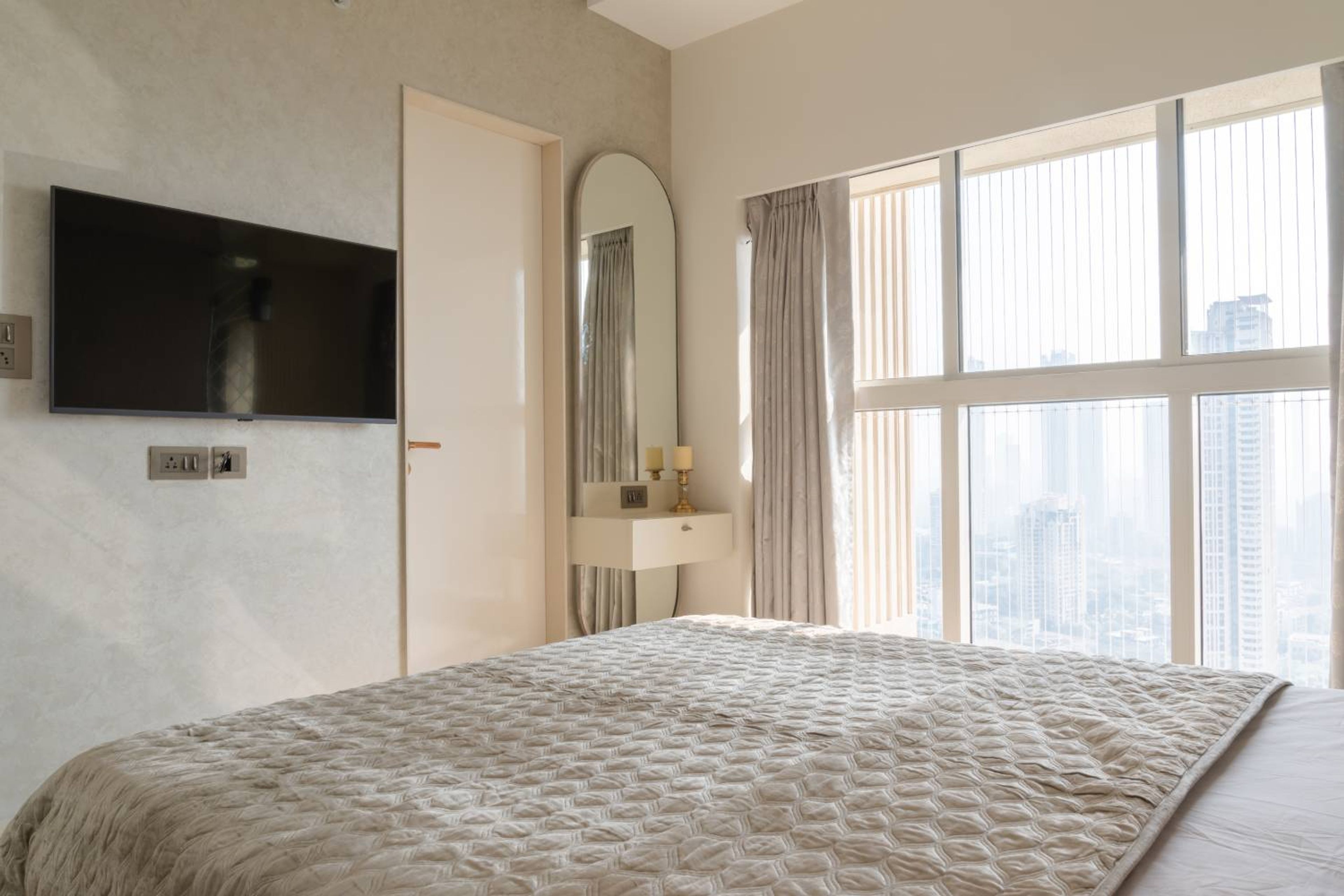 White French Sliding Door With Sheer Curtains And Metal Rod