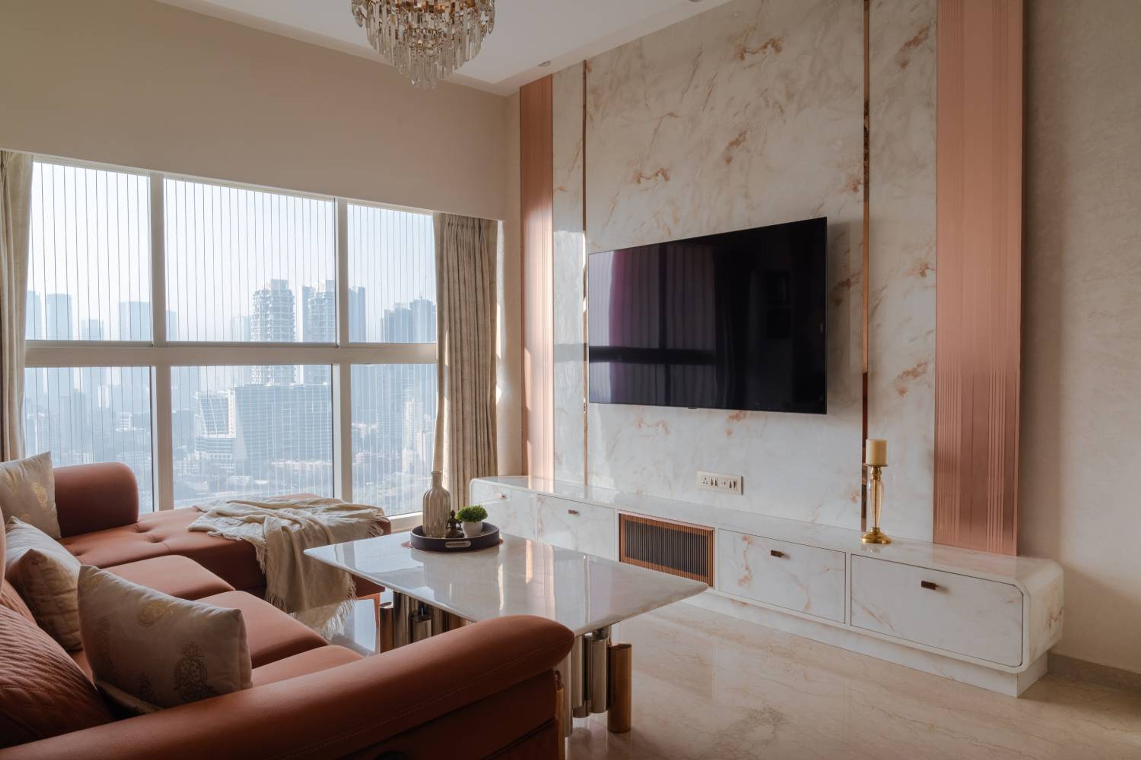 Living Room Design with TV Unit with Mable Patterned Backsplash Wall