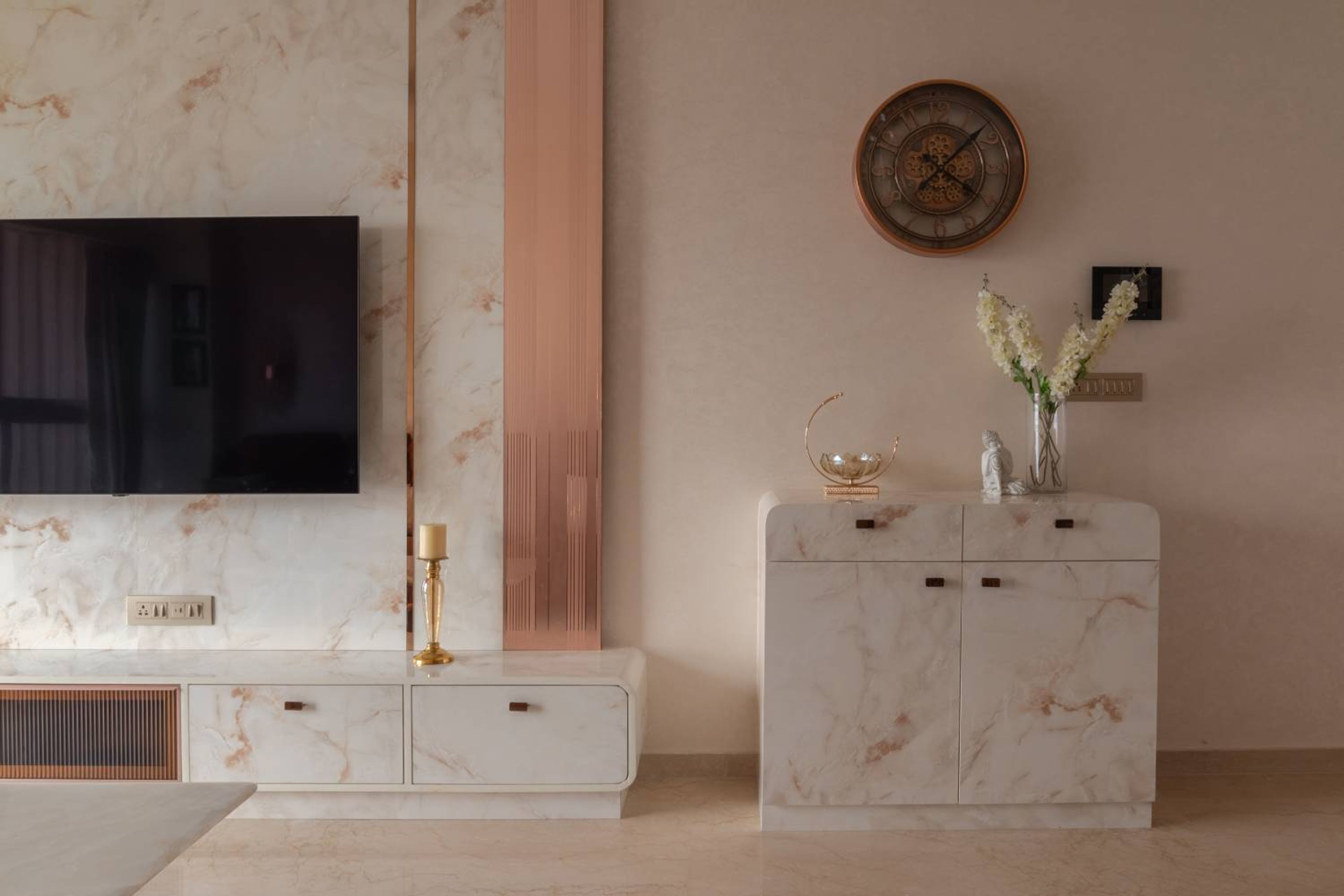 TV Unit with Mable Patterned Backsplash Wall and Mable Patterned Storage Unit