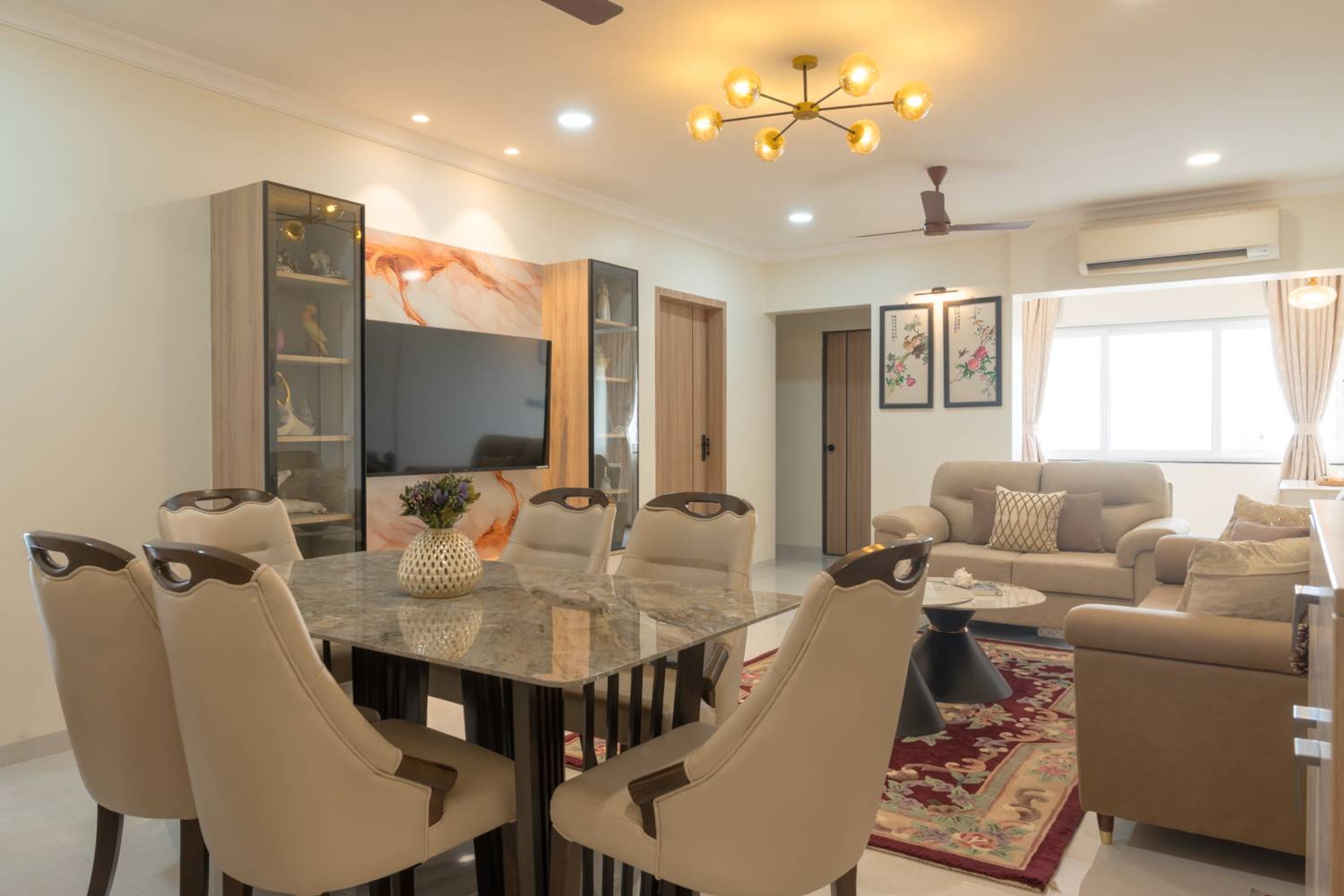 Dining and Living Room with 6-Seater Dining Table, Sofas and TV Unit