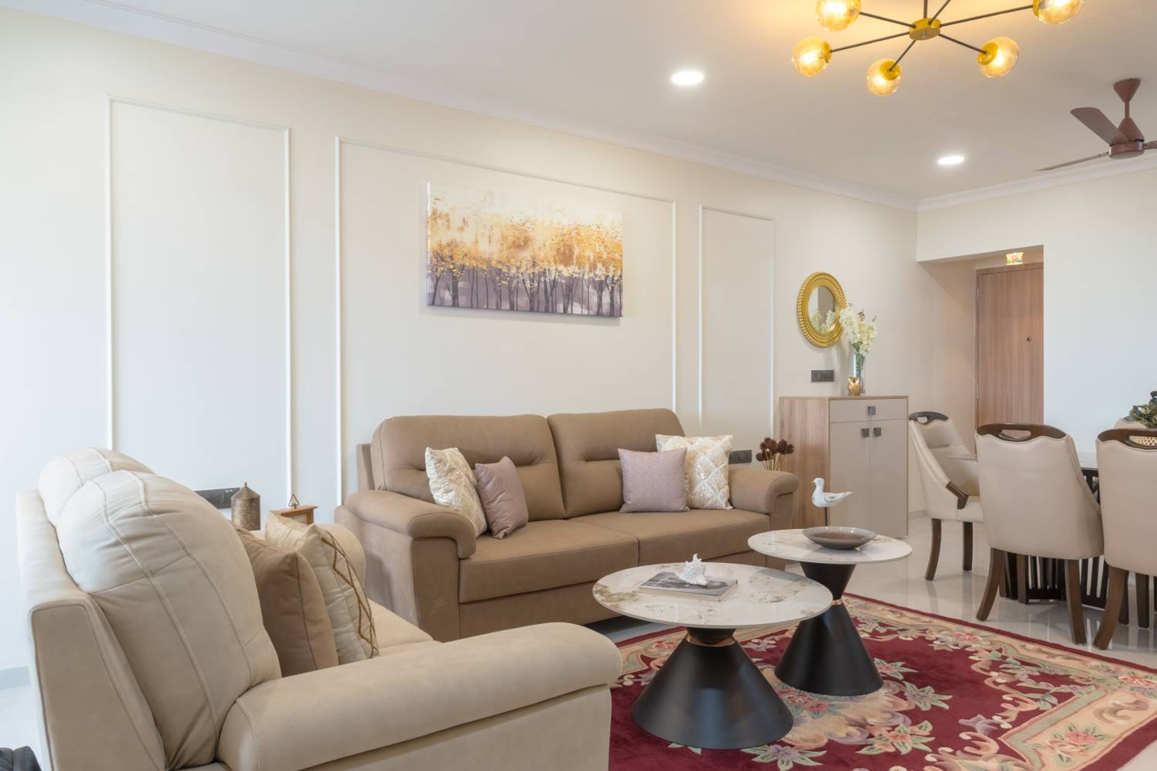 Living Room Design with 2 Light Brown Sofas and White Walls with Trims