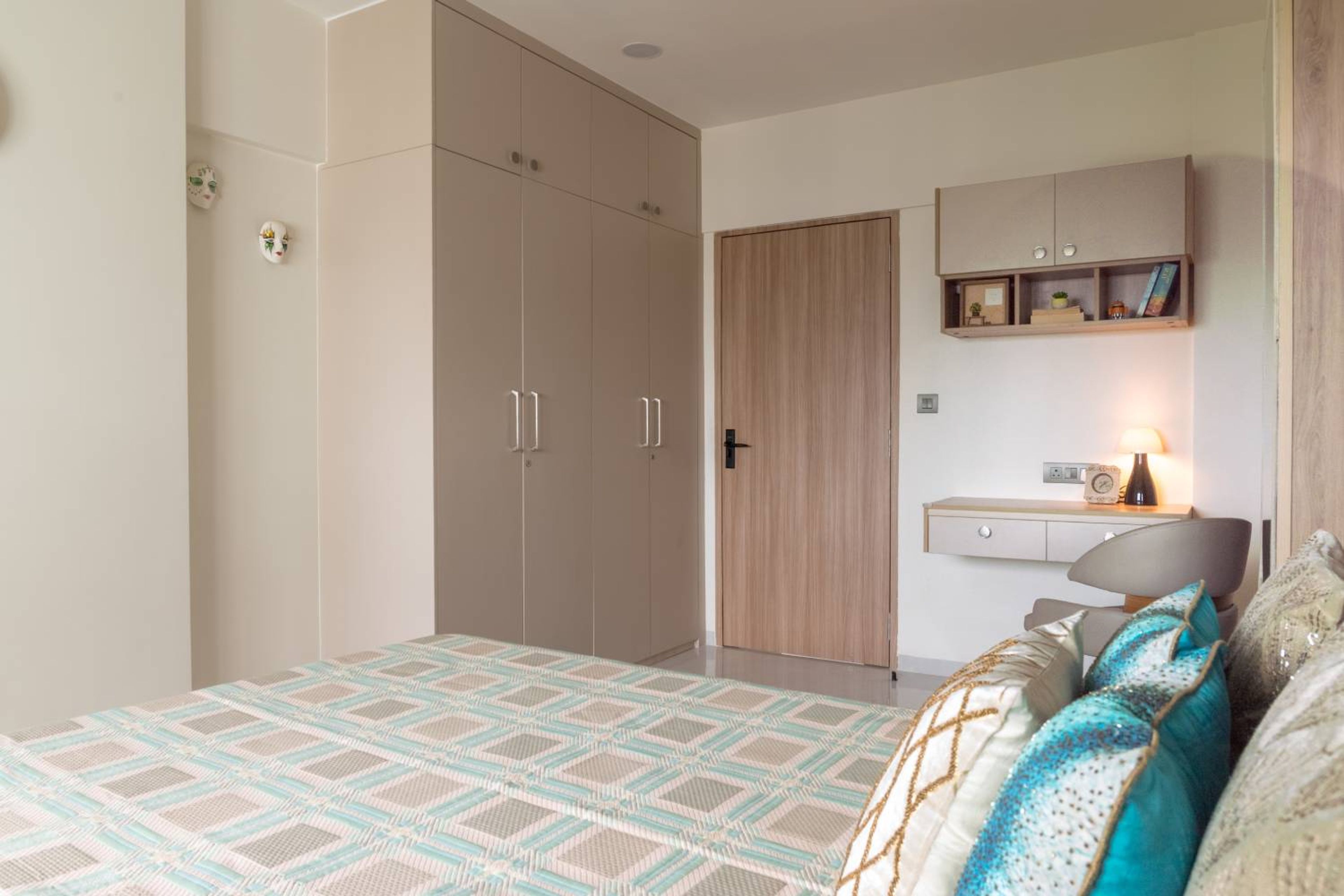Bedroom Design with 4-Door Beige Swing Wardrobe
