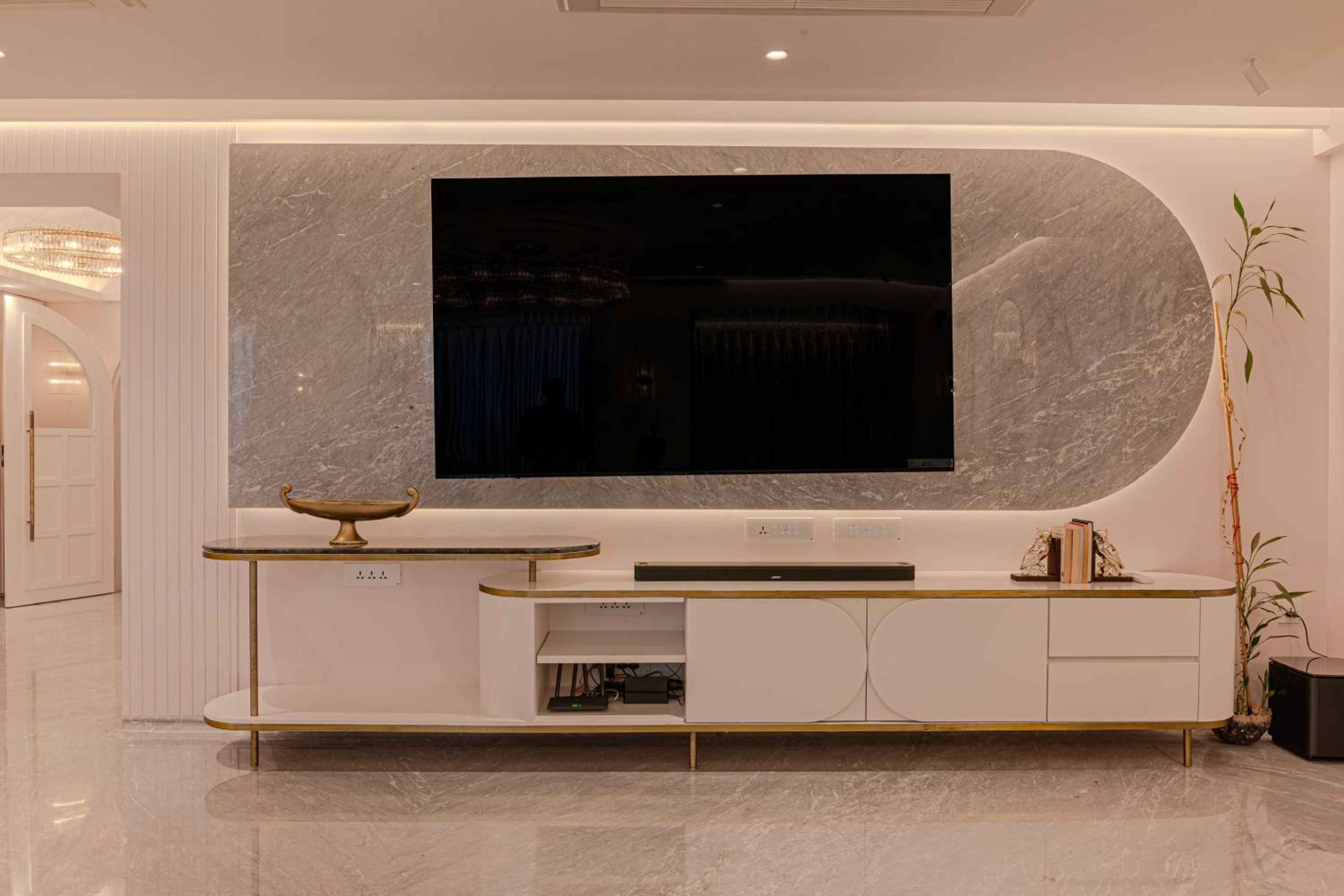 Modern White TV Unit Design with Suede Finish Laminate