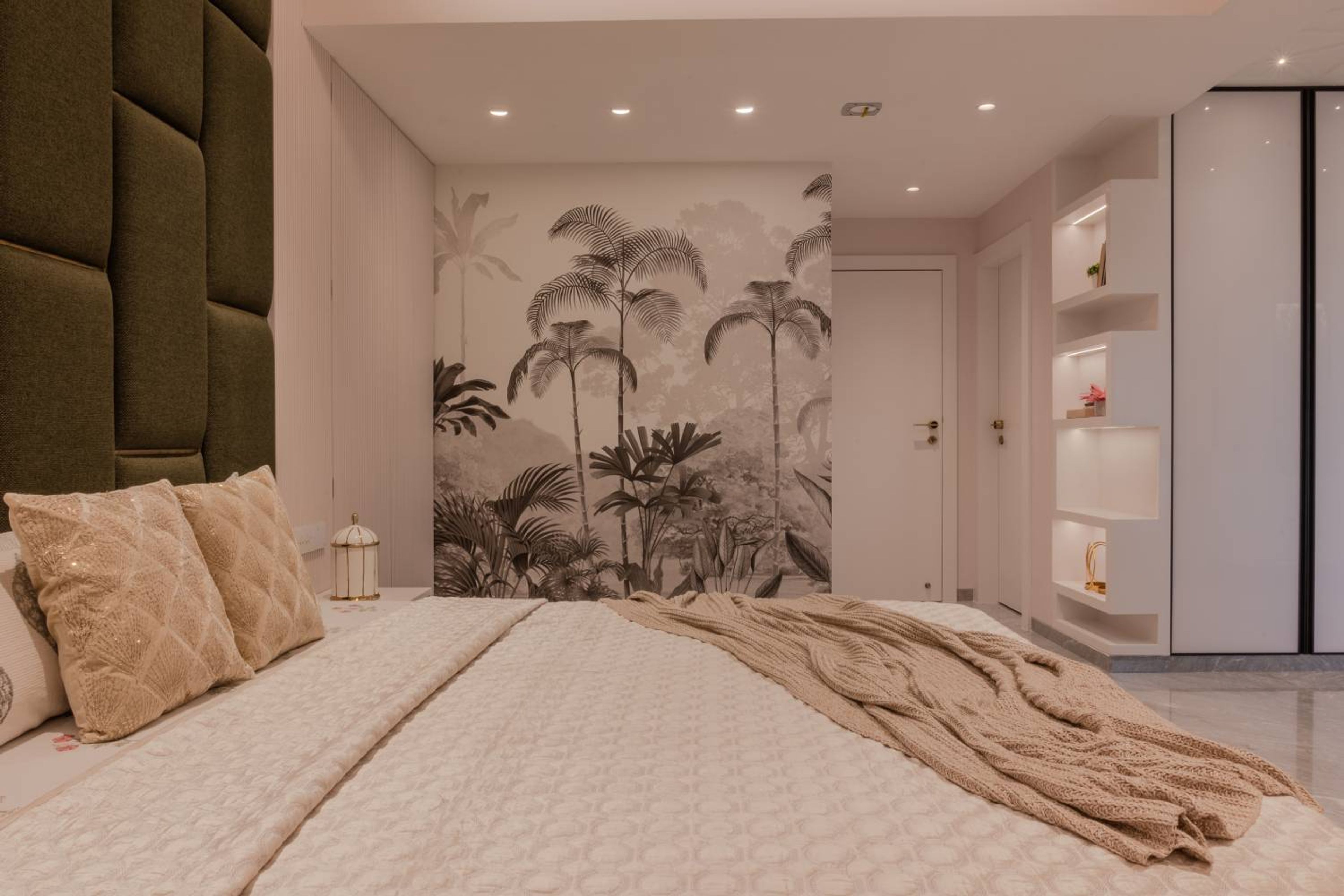 Bedroom design with tropical themed wallpaper