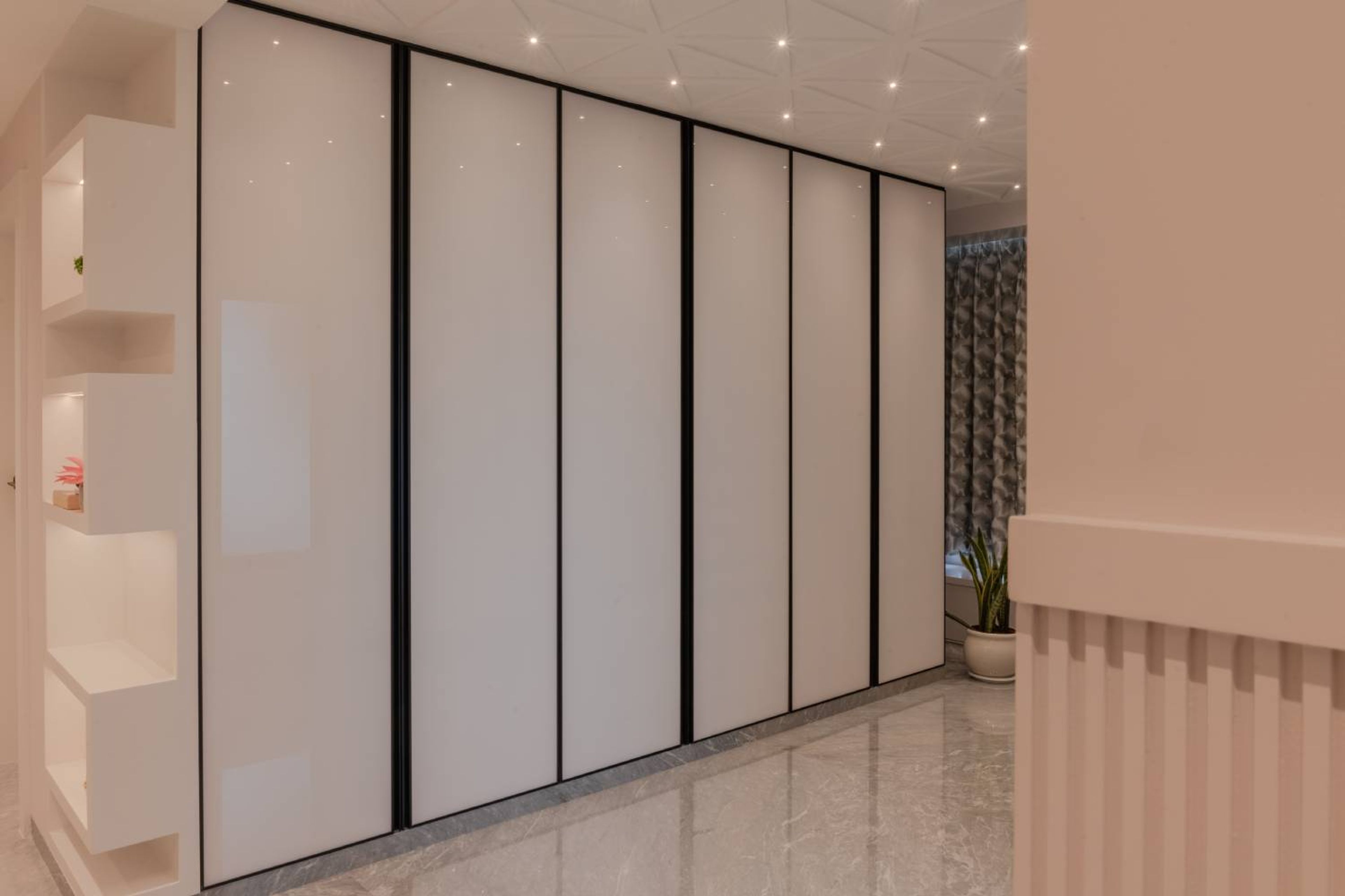 6-Door White Swing Wardrobe Design with Suede Finish