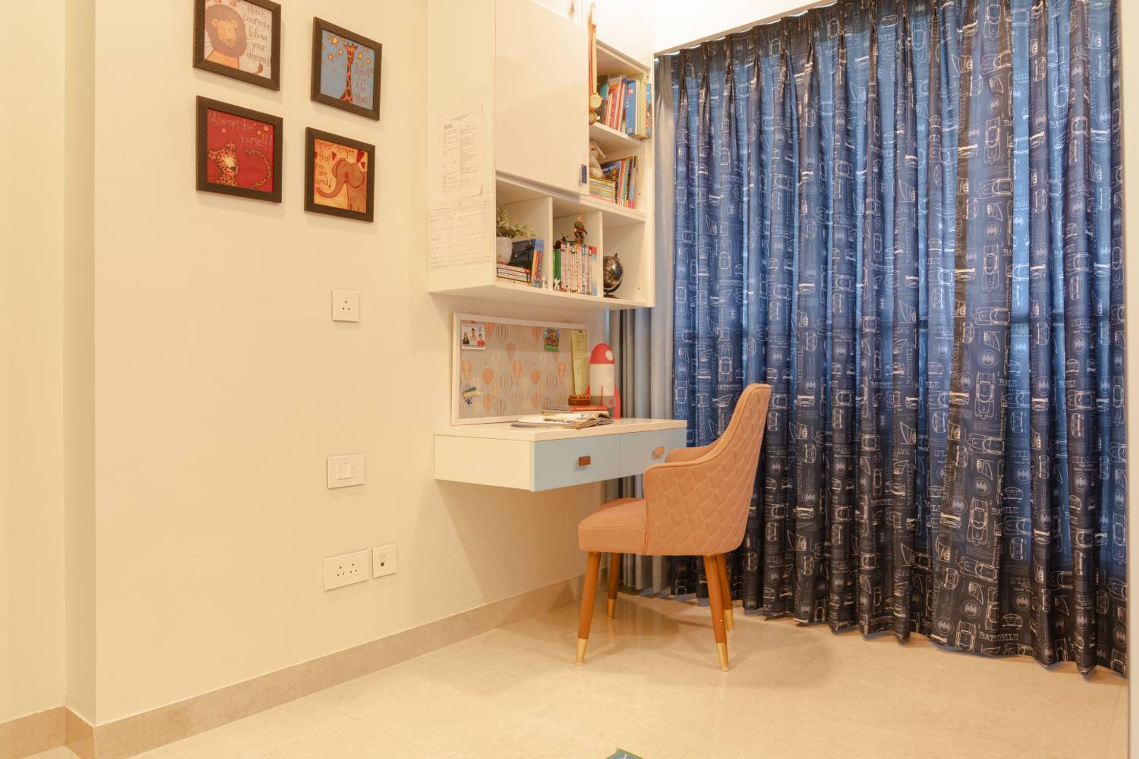 Study Space with White Wall Mounted Desk and Wall Shelves with Brown Chair