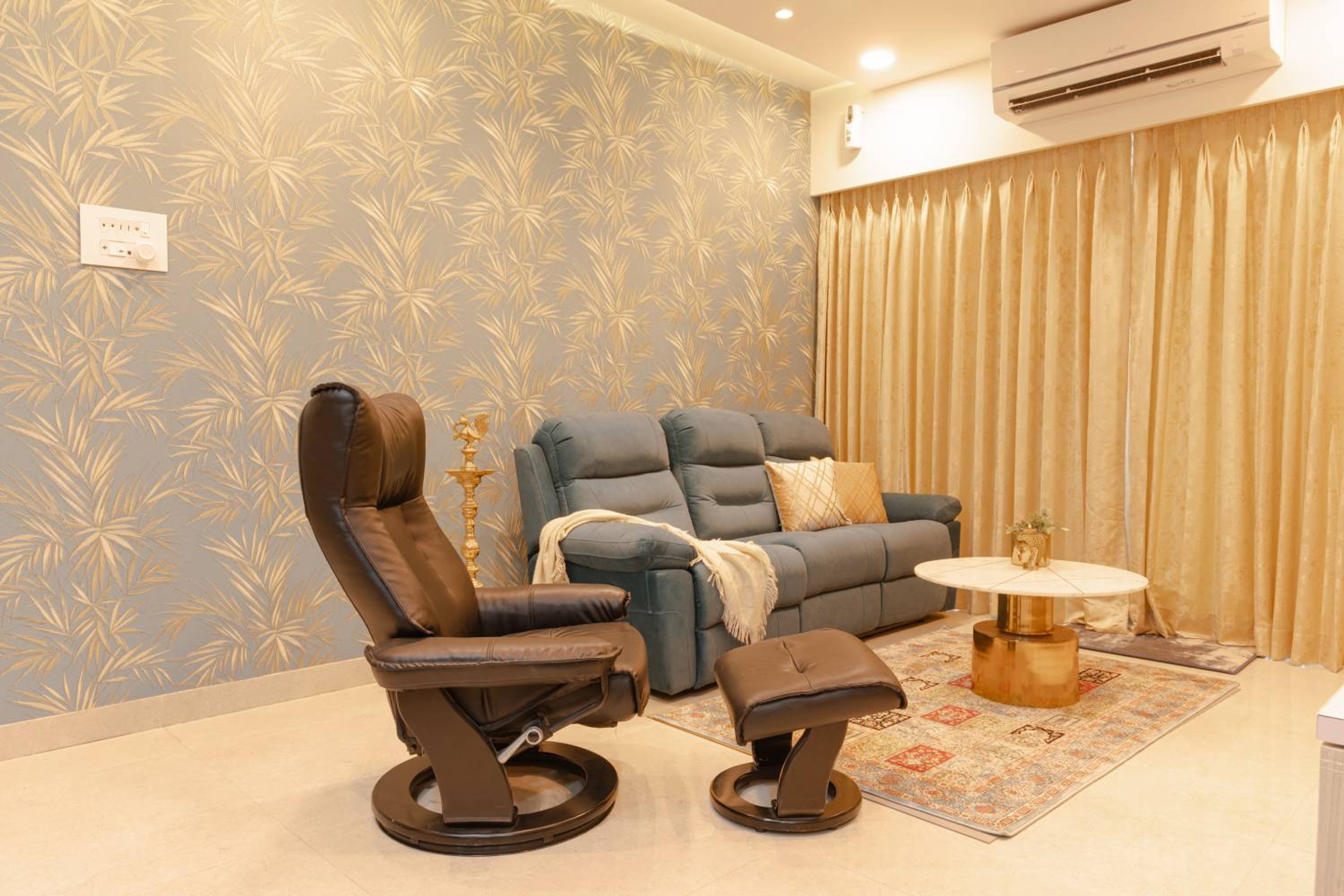 Living room design with grey tropical themed wallpaper