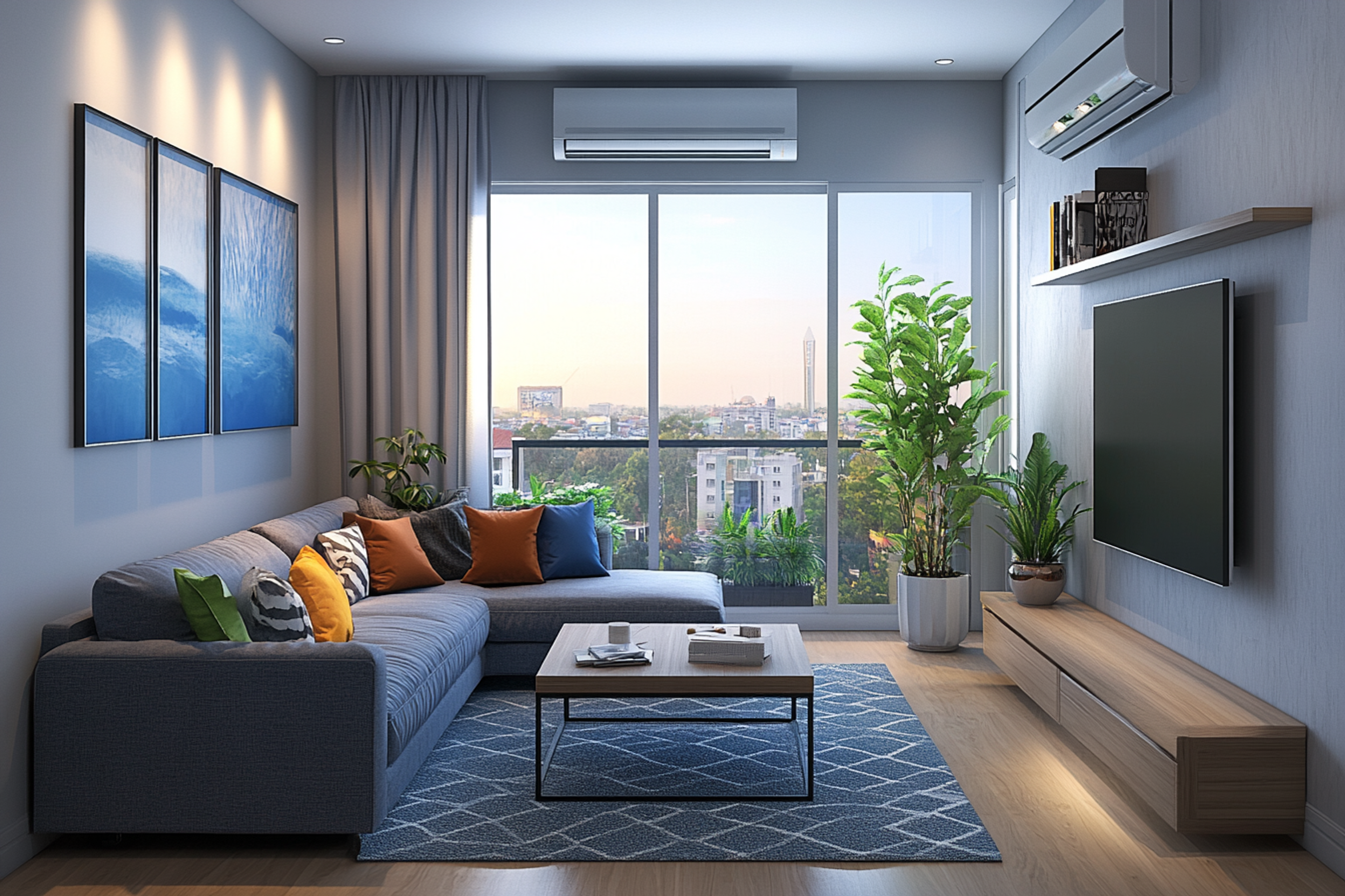 Living Room Design with Grey L-Shaped Sectional Sofa, Wooden TV Unit and Blue Rug