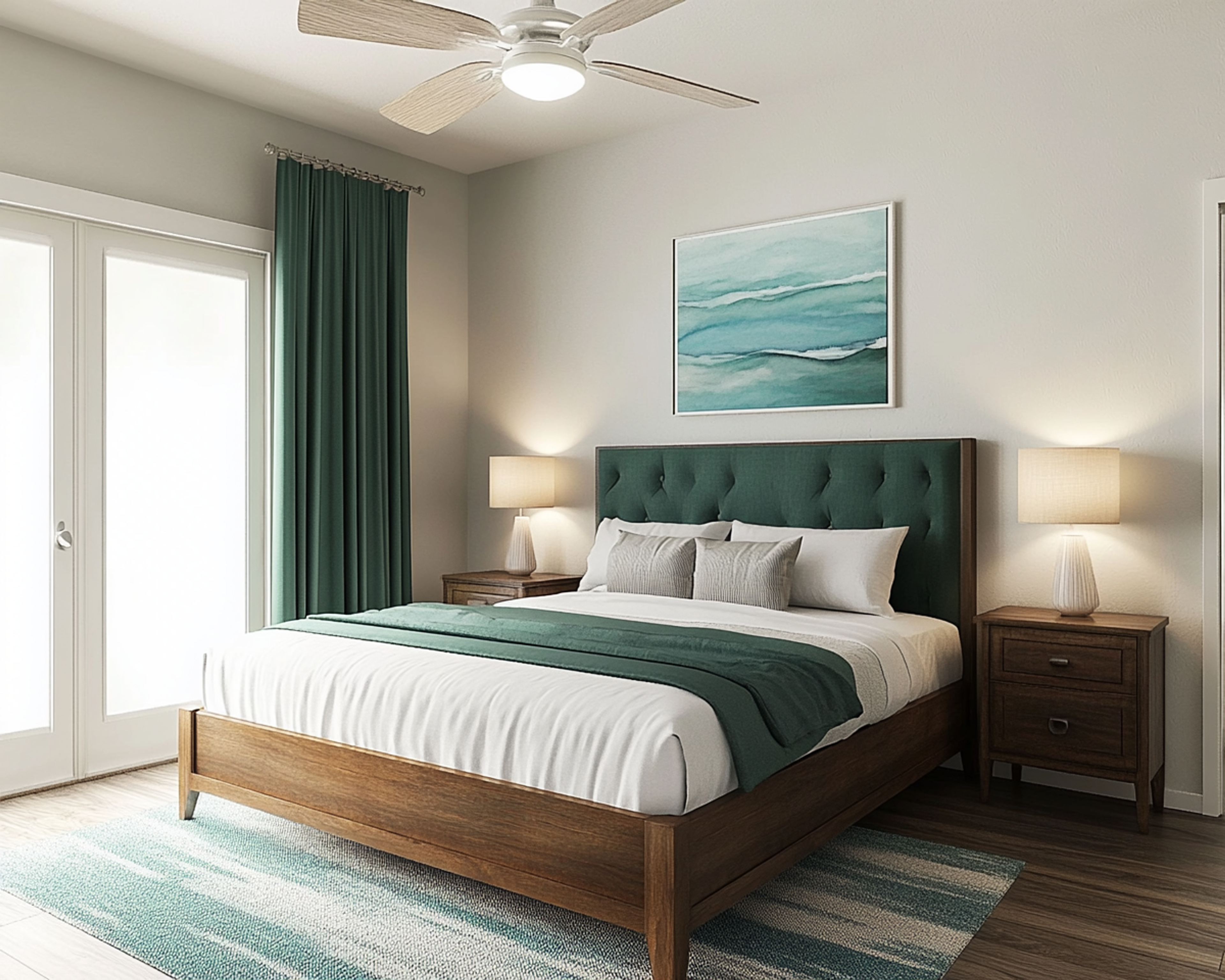 Guest Bedroom Design with plain wallpaint, Wood Platform Bed, and Patterned Rug