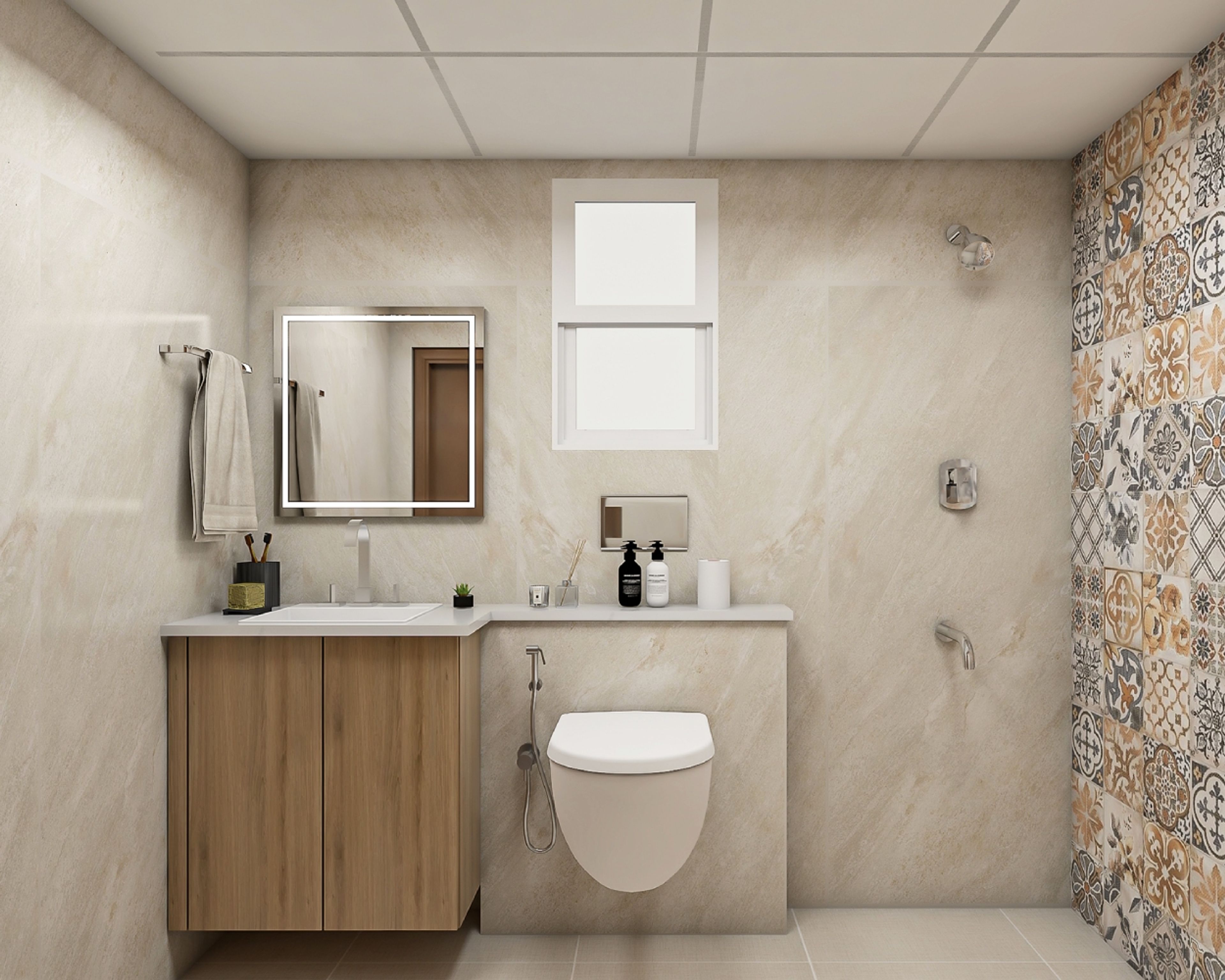 Beige Marble Bathroom Design with Square Mirror and Natural Wood Cabinet