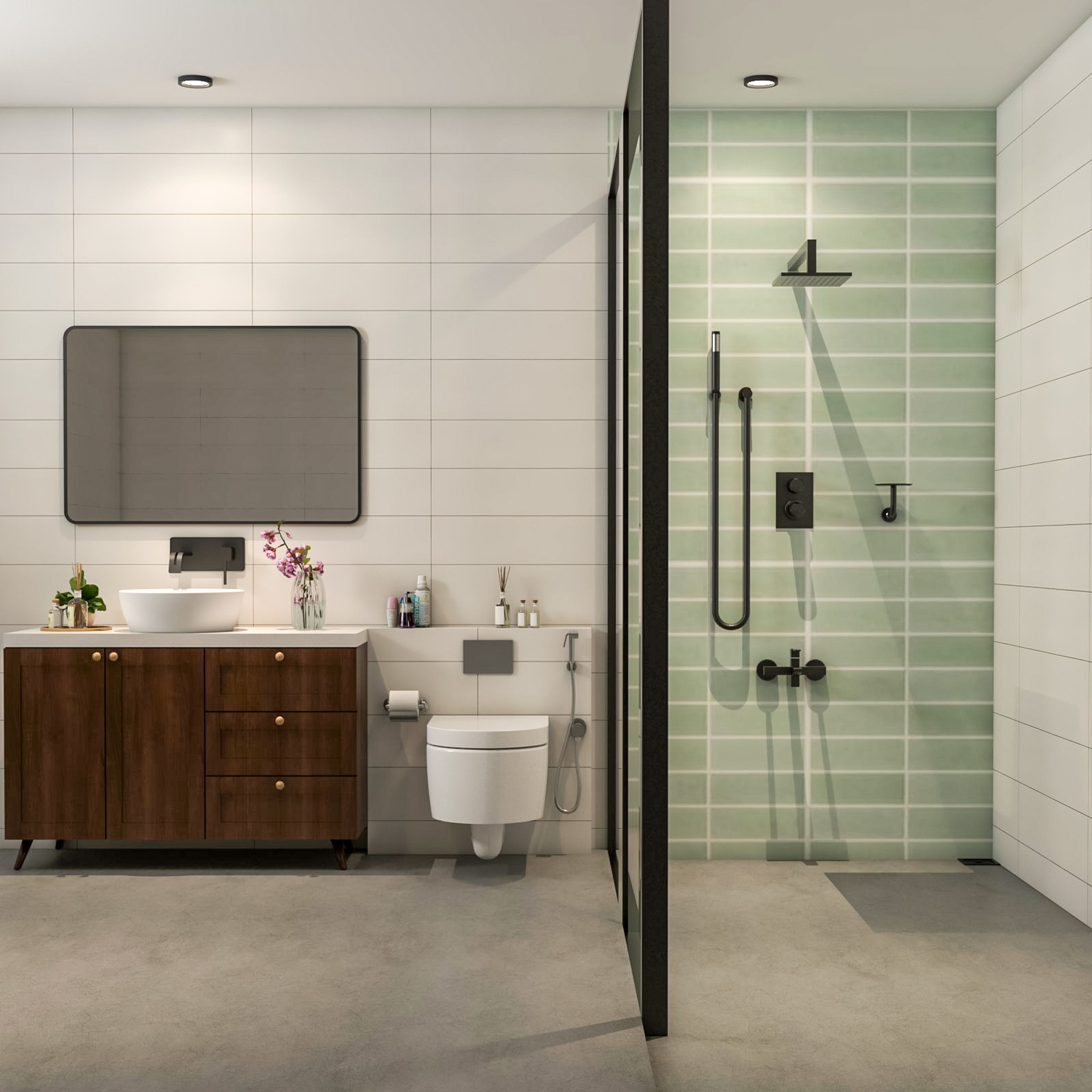 Bathroom Design with Glass Partition Shower Area with Green Wall, Rectangular Mirror and Dark Wood Cabinet