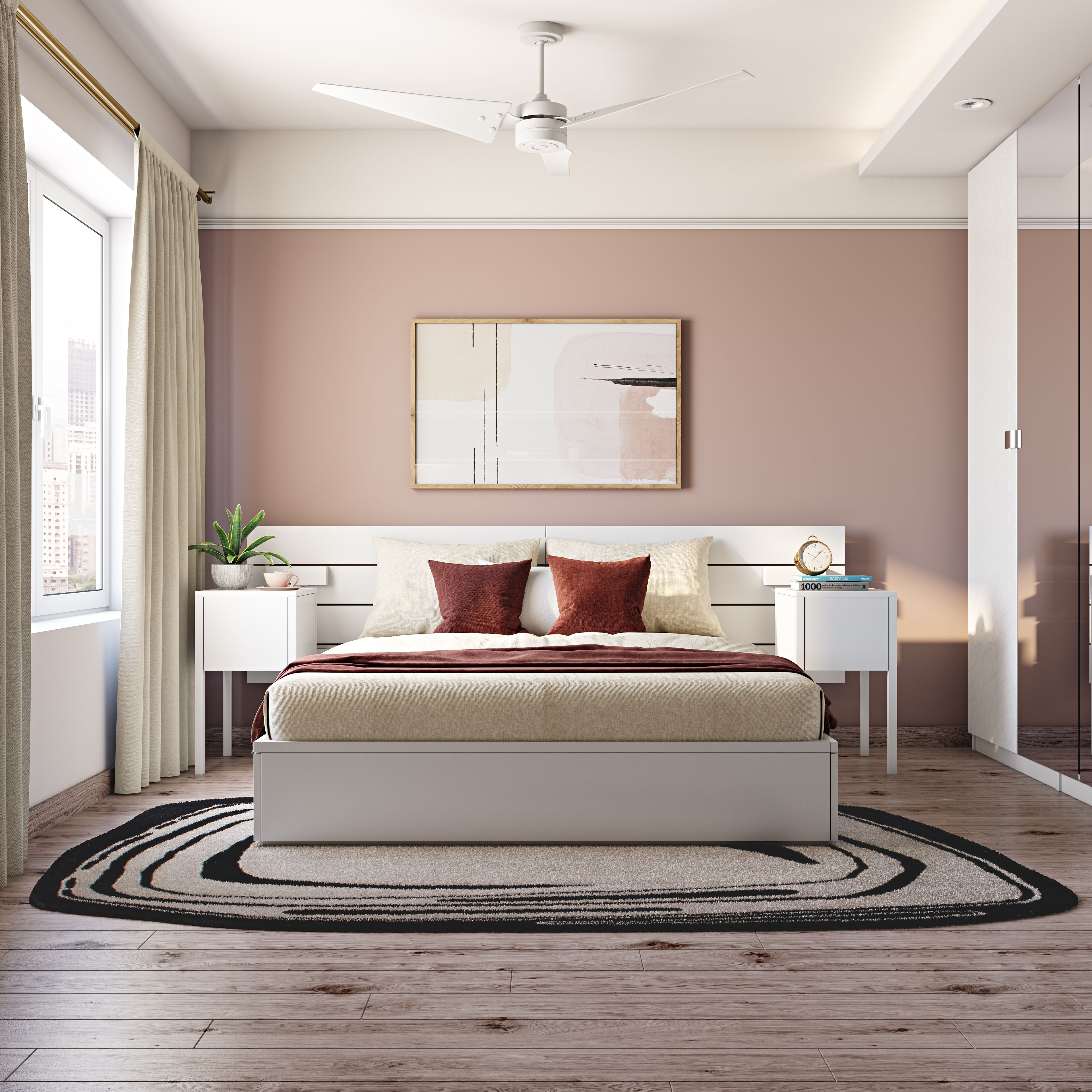 Kids Bedroom Design with Pink Wall, 4-Door Swing Wardrobe and Rug
