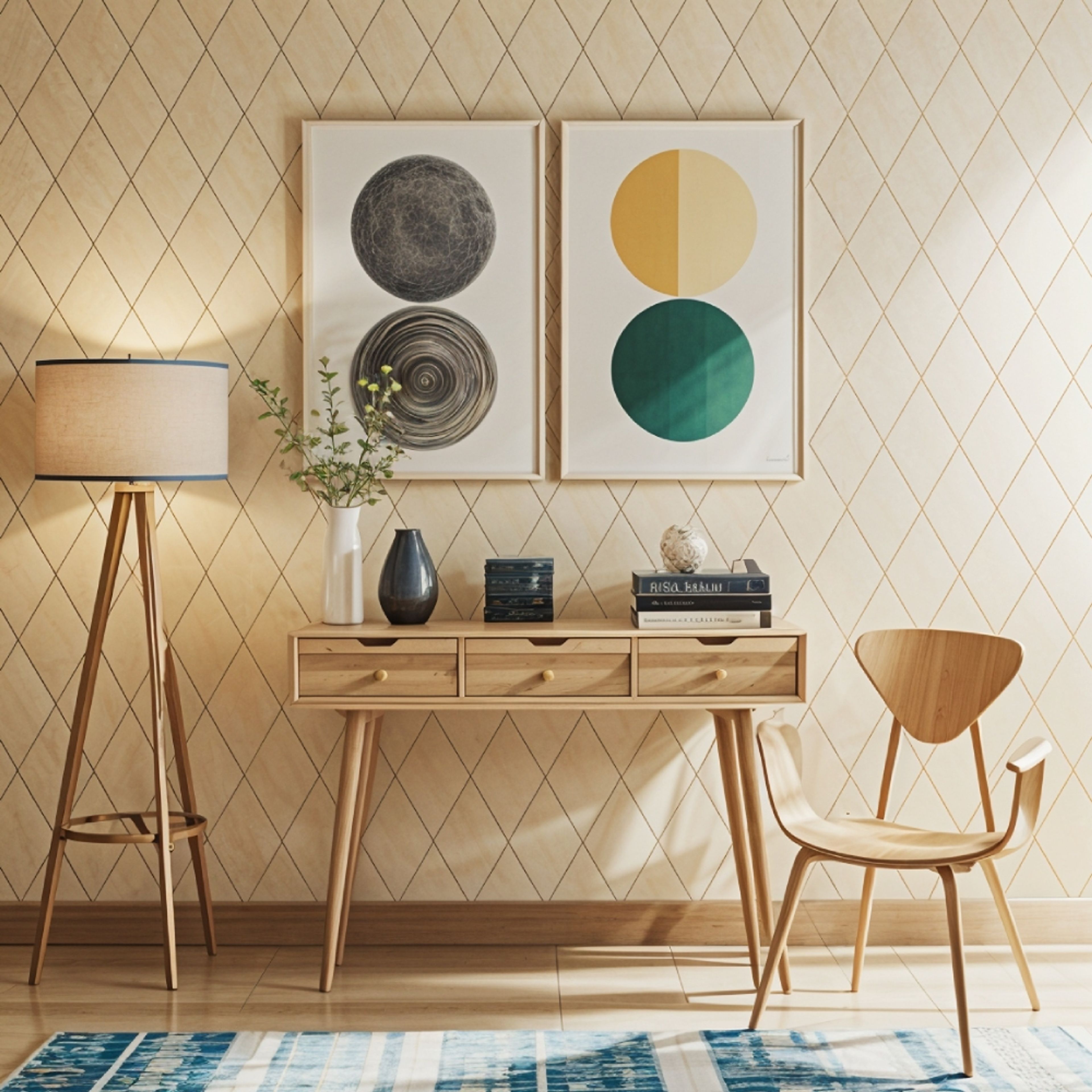 Foyer Design with Light Wood Console Table, Geometric Art and Neutral Palette