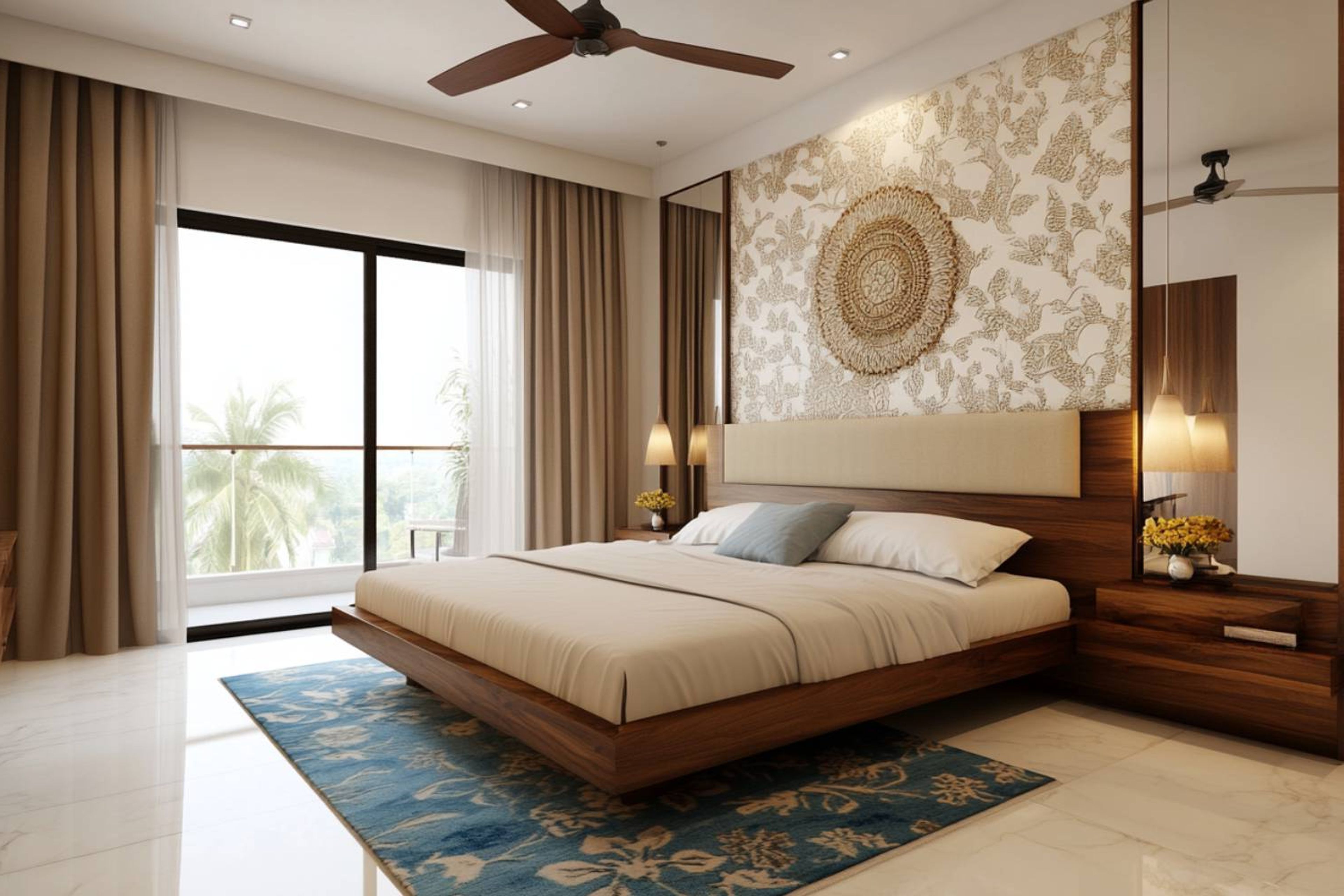 Master Bedroom Design with Textured Wallpaper, Wood Platform Bed, and Patterned Rug