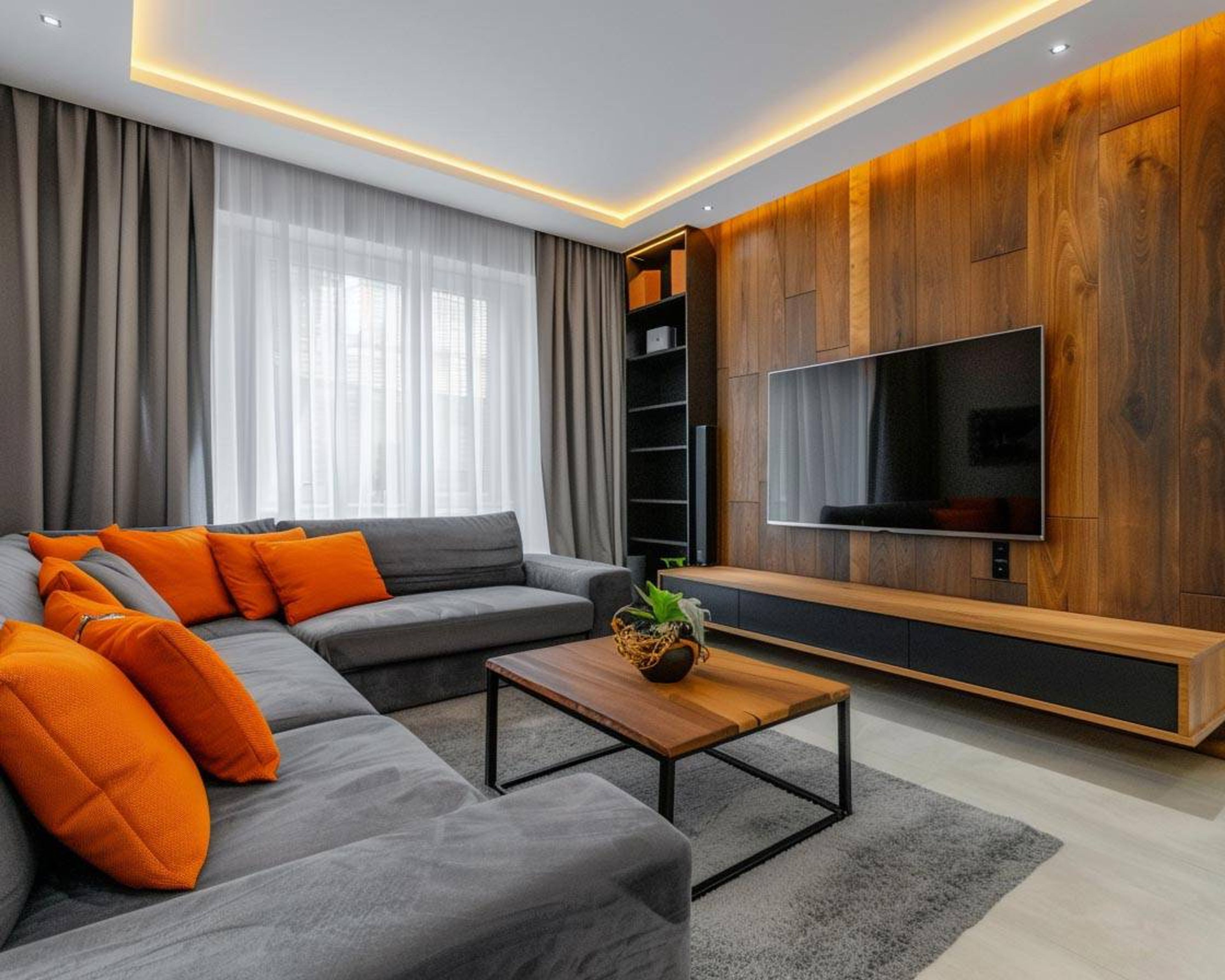 Living Room Design with Dark Grey L-Shaped Sectional Sofa and Wooden TV Unit