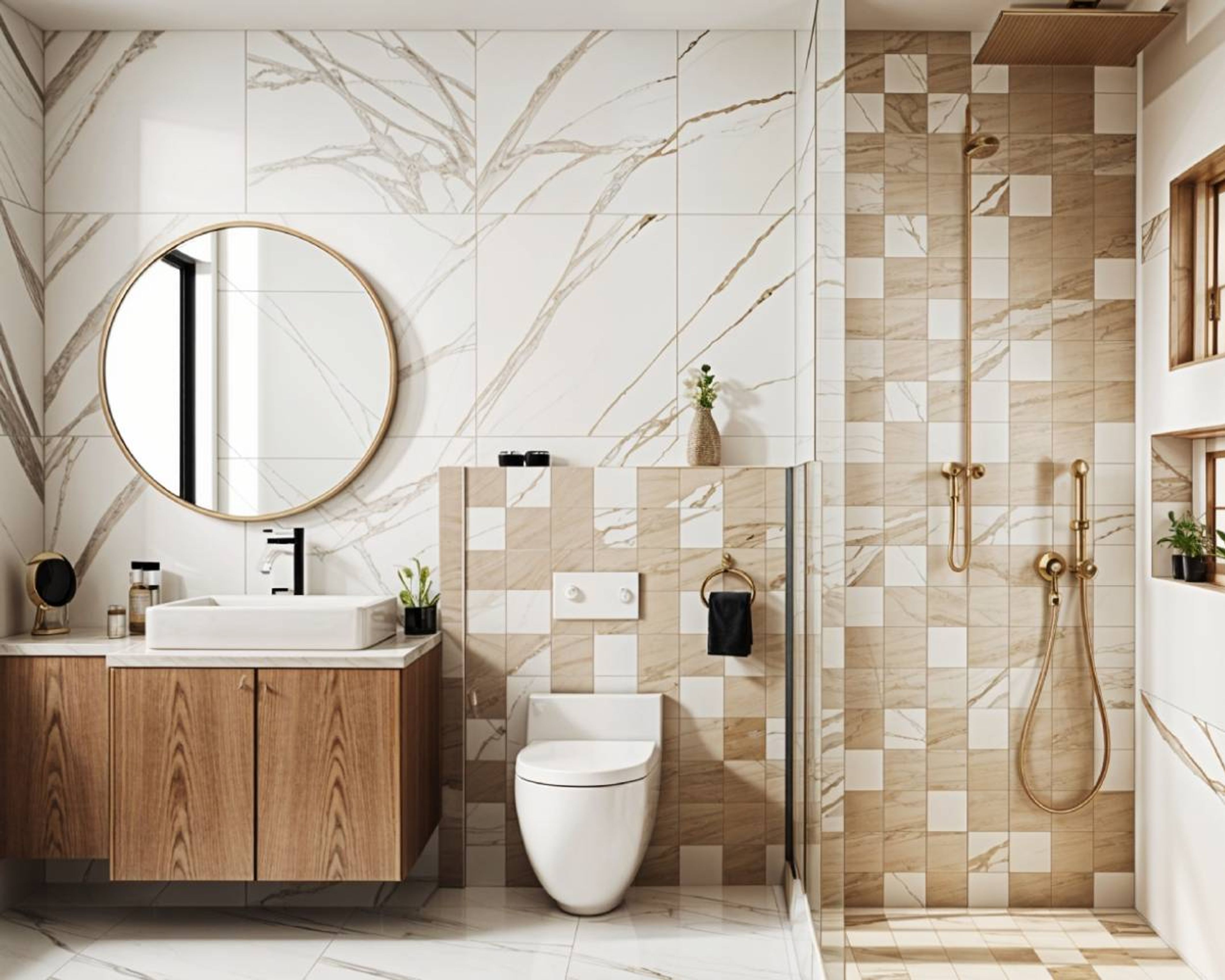 Bathroom Design with Glass Partition Shower Area, Round Mirror and Natural Wooden Cabinet