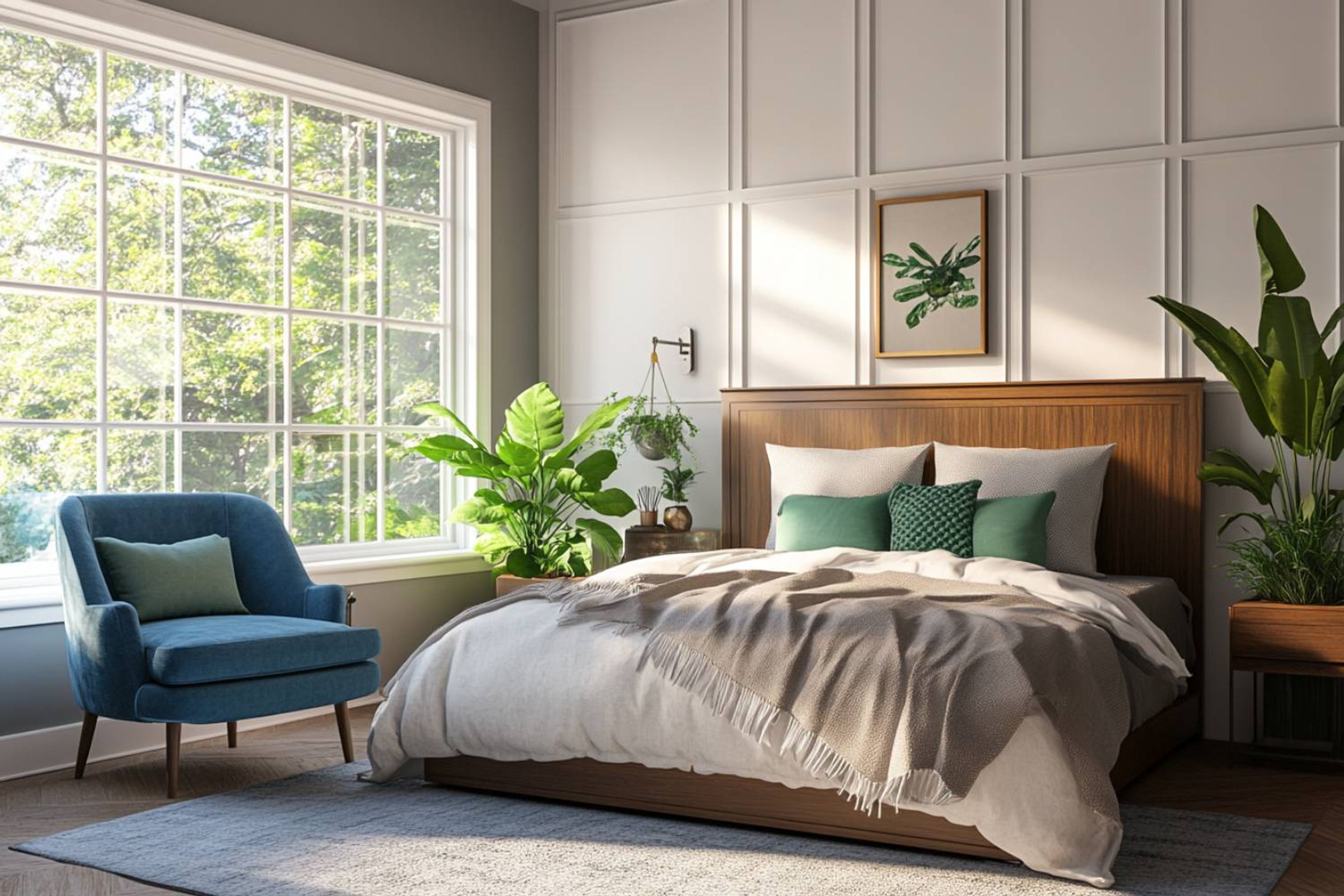 Guest Bedroom Design with Blue Accent Chair, White Panelled Wall, and Queen Bed