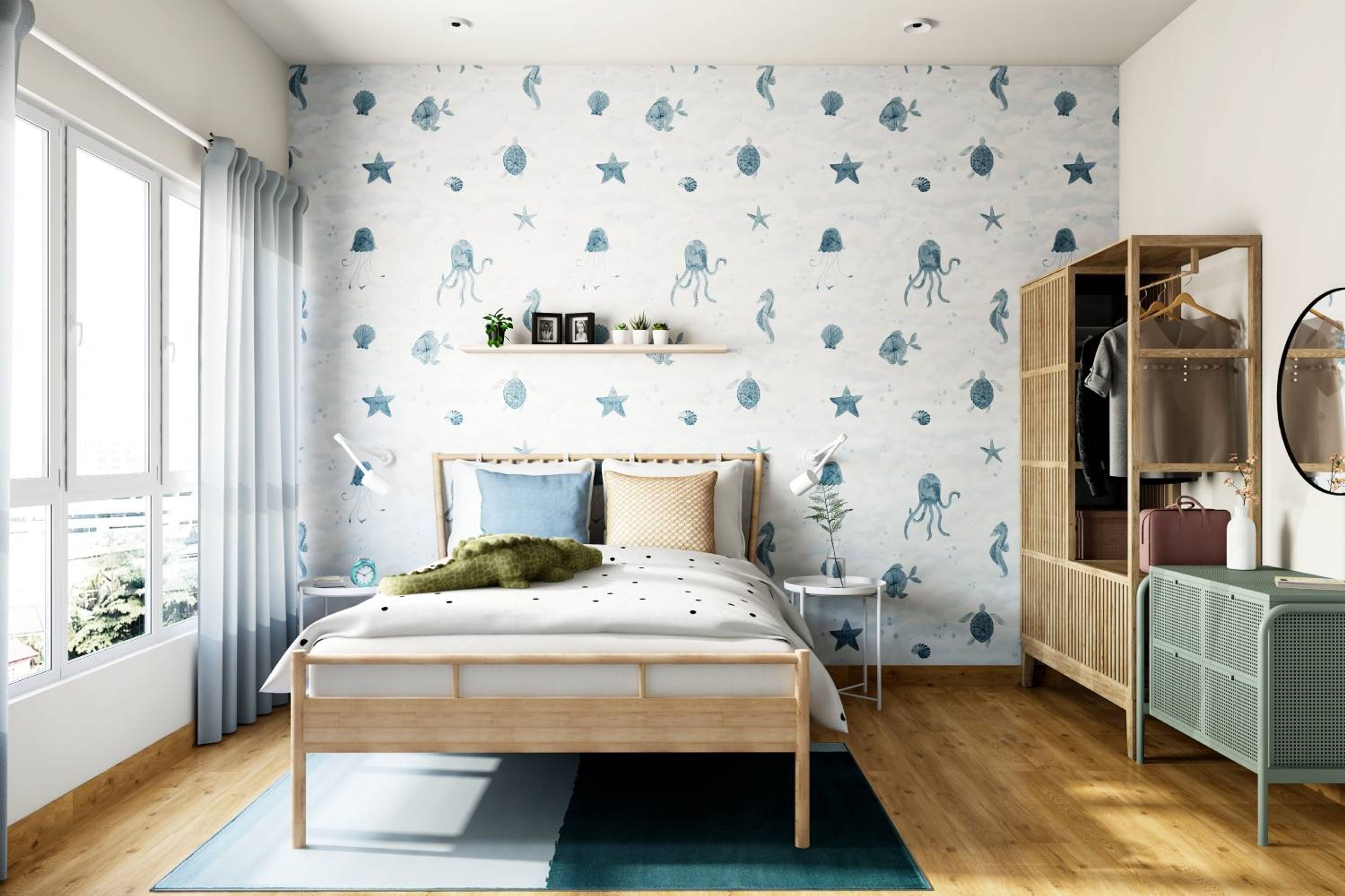 Kids Bedroom Design with Sea Creature Themed Blue and White Wall, Rattan Cupboard, and Wooden Flooring