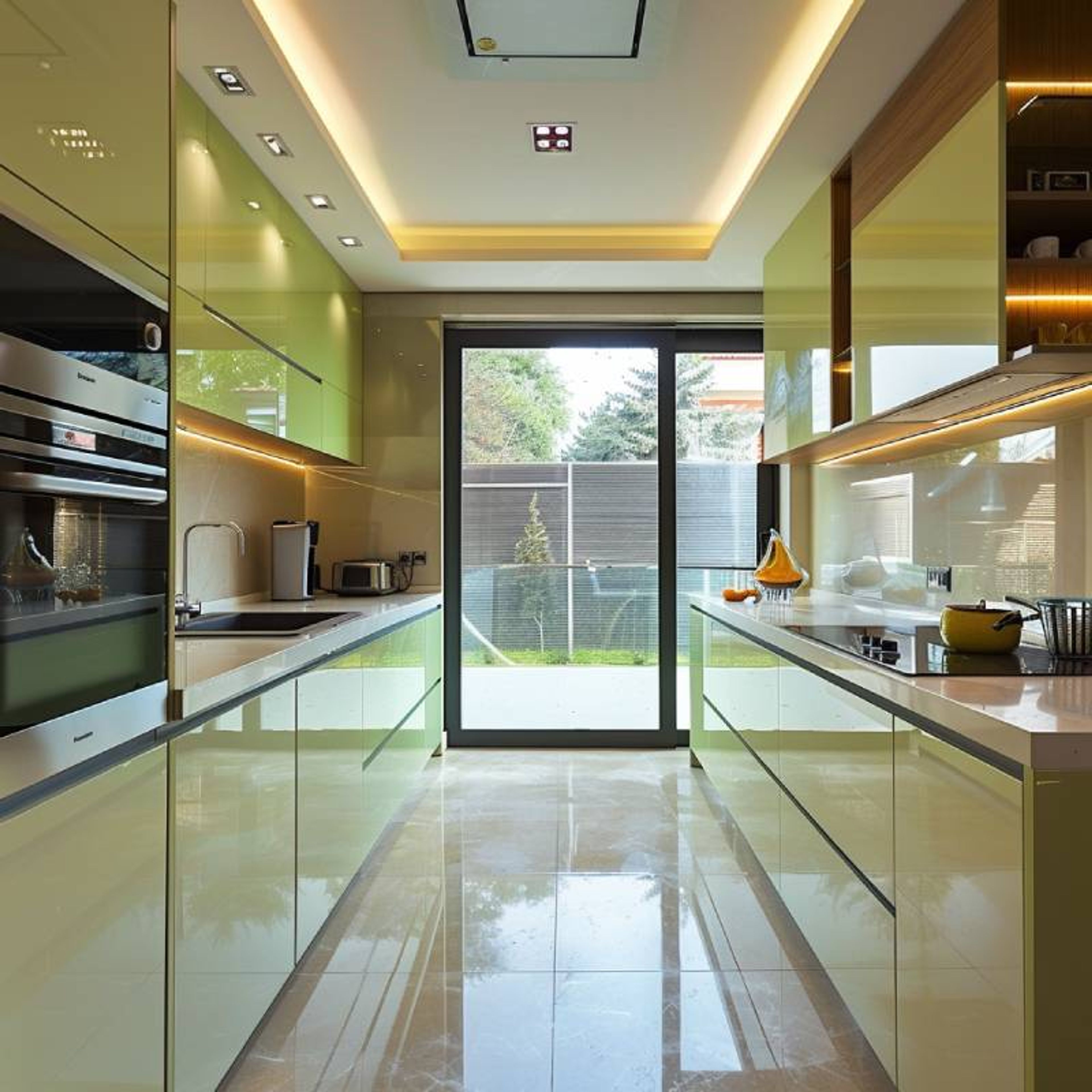 Parallel Kitchen Design with Lime Green Cabinets and Drawers