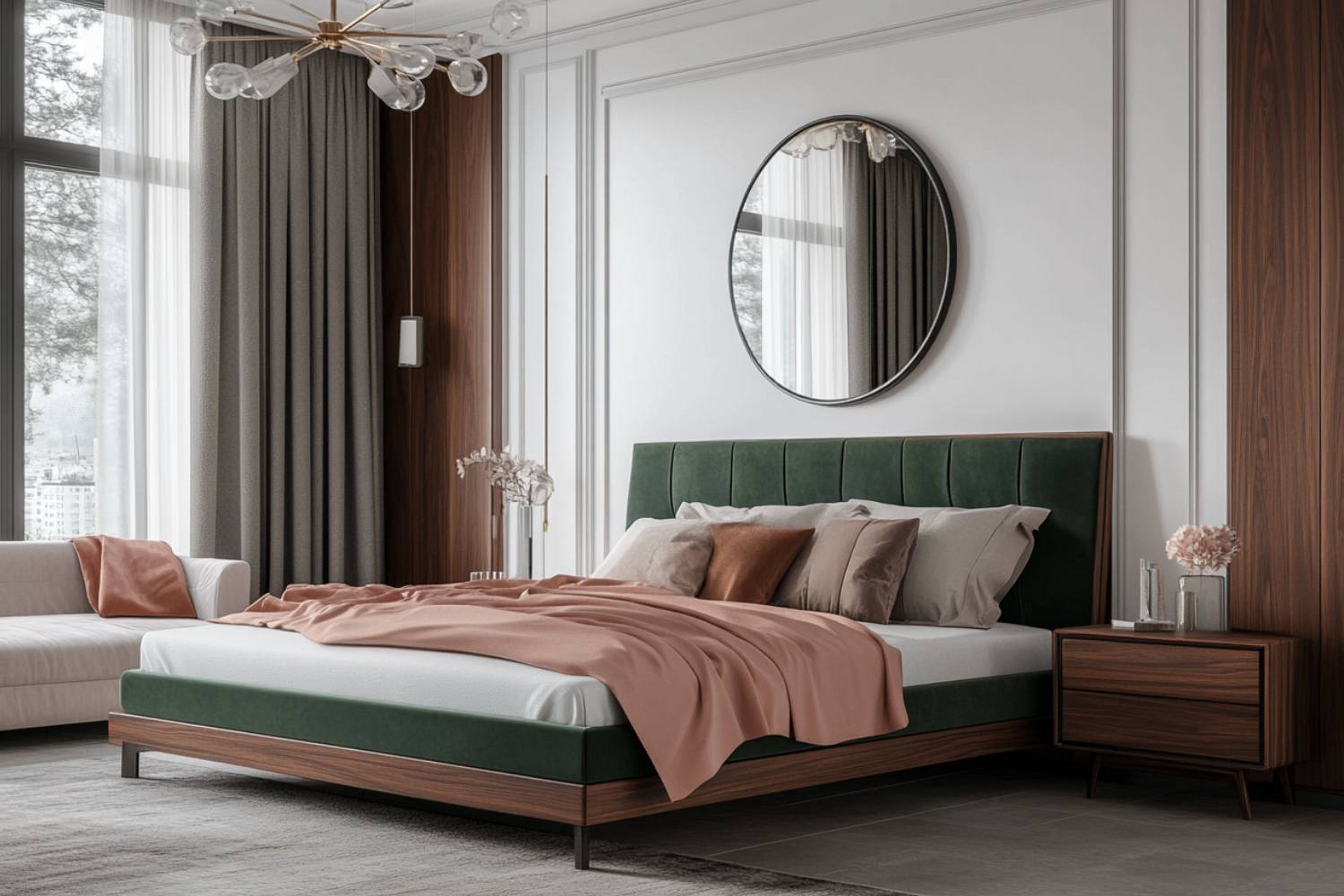 Master  Bedroom Design with Oval Mirror on the Wall, Chandelier, and White Sofa